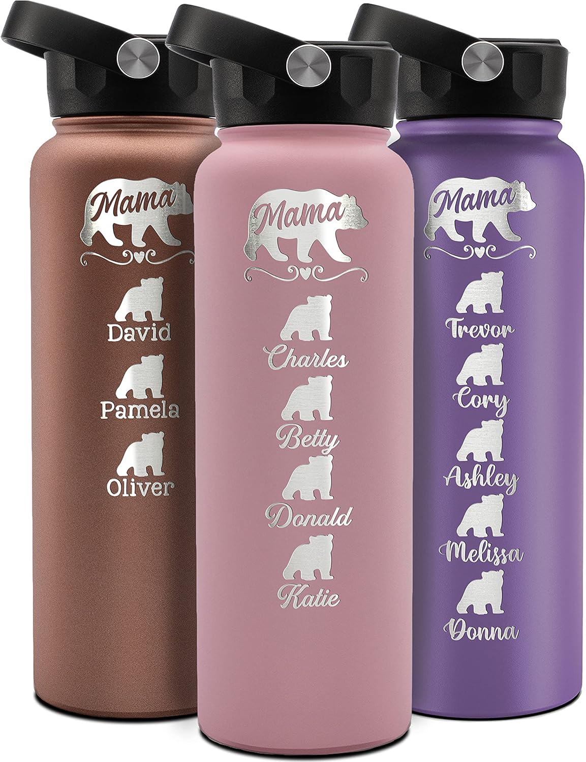 Mama Bear Water Bottle for Birthday and Mother's Day - Personalized 40 oz. With 8 Colors, Names up to 6 Cubs, 14 Font Options - Custom Gift for Mom From Daughter