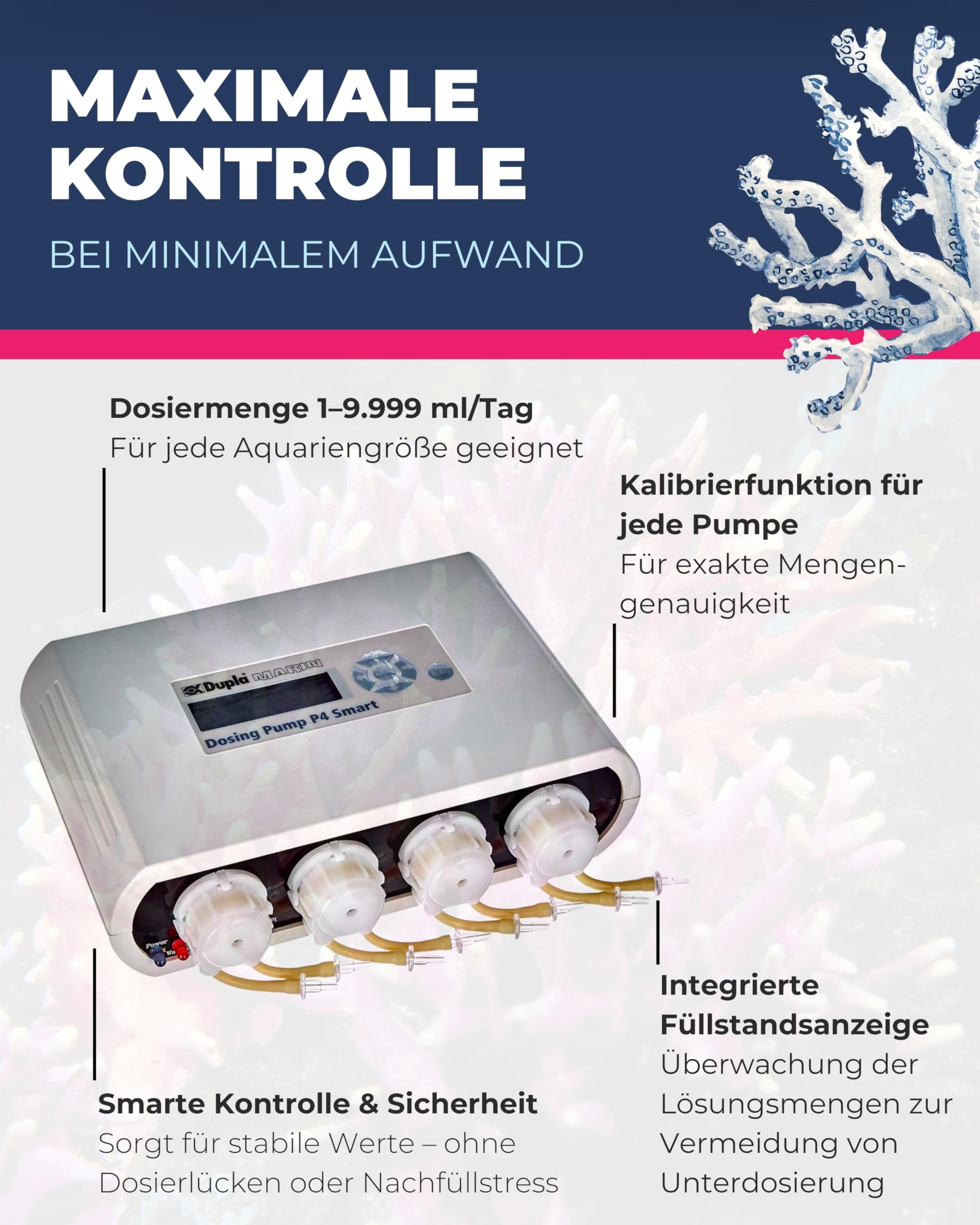 Dupla Marin Dosing Pump P4 Smart I 4-Kanal Dosierpumpe für Wasseraufbereitungsmittel I intelligente Meerwasseraquarium Pumpe mit integrierter Steuerung und Füllstandsanzeige I Zubehör für Aquarien