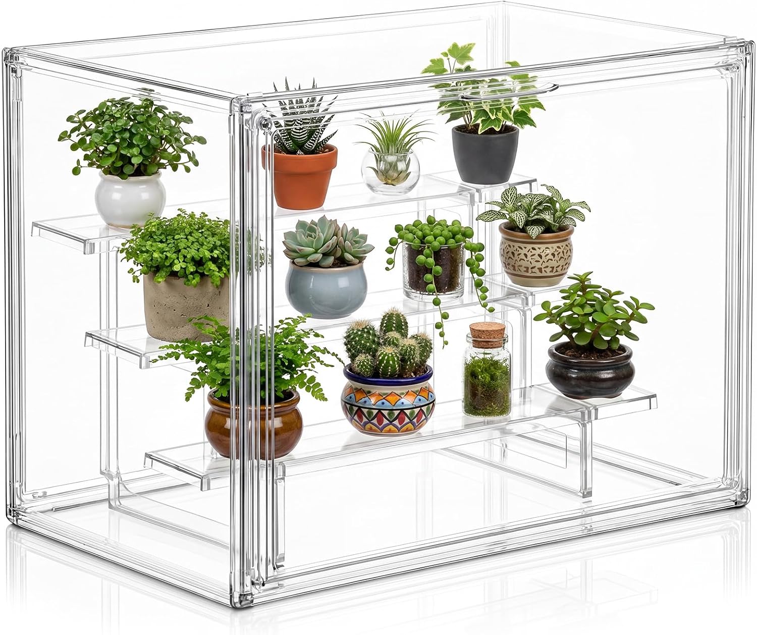 Novabright Mini Greenhouse Indoor, Clear Portable Tabletop Green House with Magnetic Door and 3-Layer Stand for Seed Starting, Plant Grow Warmer and Home Gardening Display, 14.1 x 10.6 x 9 in