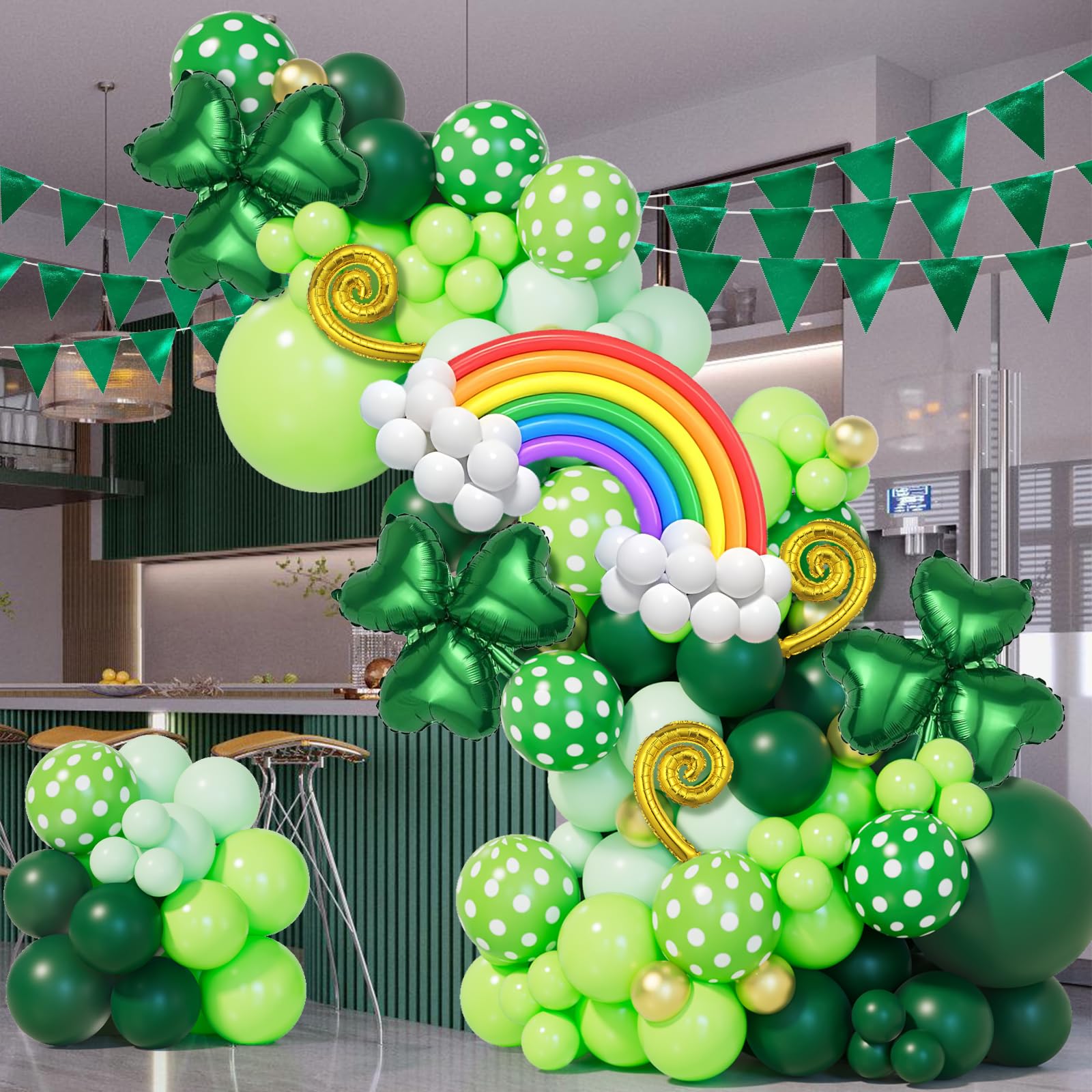 132Pcs St. Patrick's Day Balloon Arch Garland Kit with Lucky Shamrock Clover Rainbow Foil Green Balloons for St. Patrick's Day Party Decorations Irish
