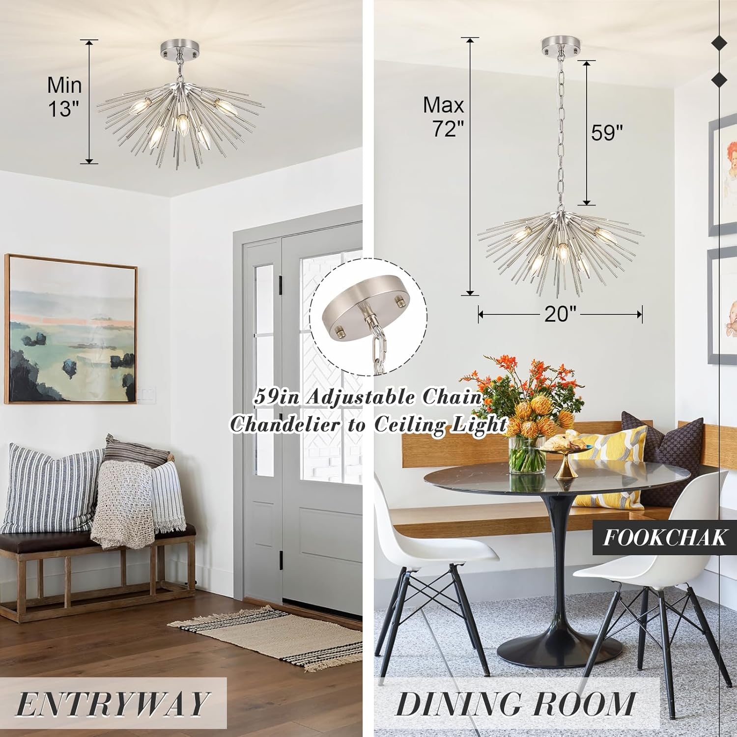Nickel Sputnik Ceiling Light, 6-Light Starburst Chandelier Ceiling Lights Mid Century Modern Satellite Flush Mount Light Solid Metal for Entry Kitchen Sink Dining Room