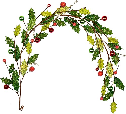 Guirnalda de Navidad artificial de 6 pies con purpurina falsa con hojas de acebo blancas y bolas de Navidad doradas, guirnalda de hojas colgantes