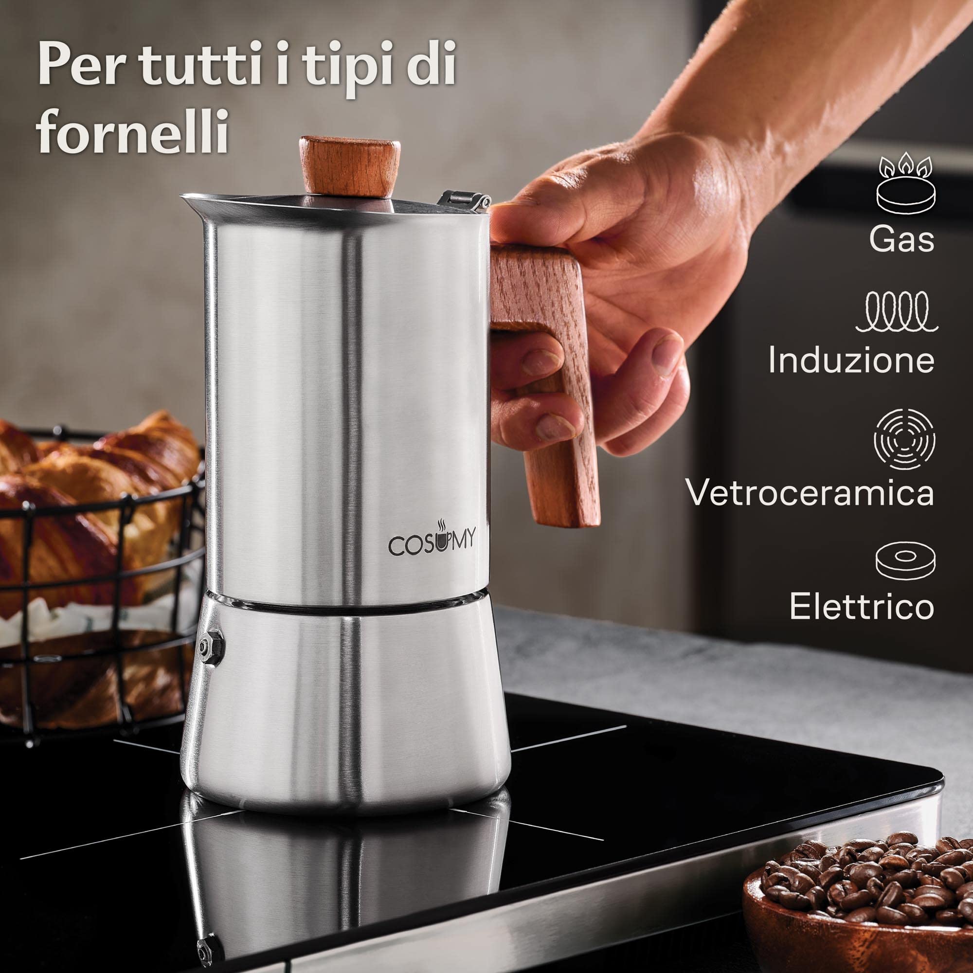 Cosumy Caffettiera Induzione Moka 300ml - Tutti gli tipi di fornelli - 6 Tazze - in Acciaio Inox e Quercia Sostenibile - Manico Anti Scottatura - Express Caffettiera