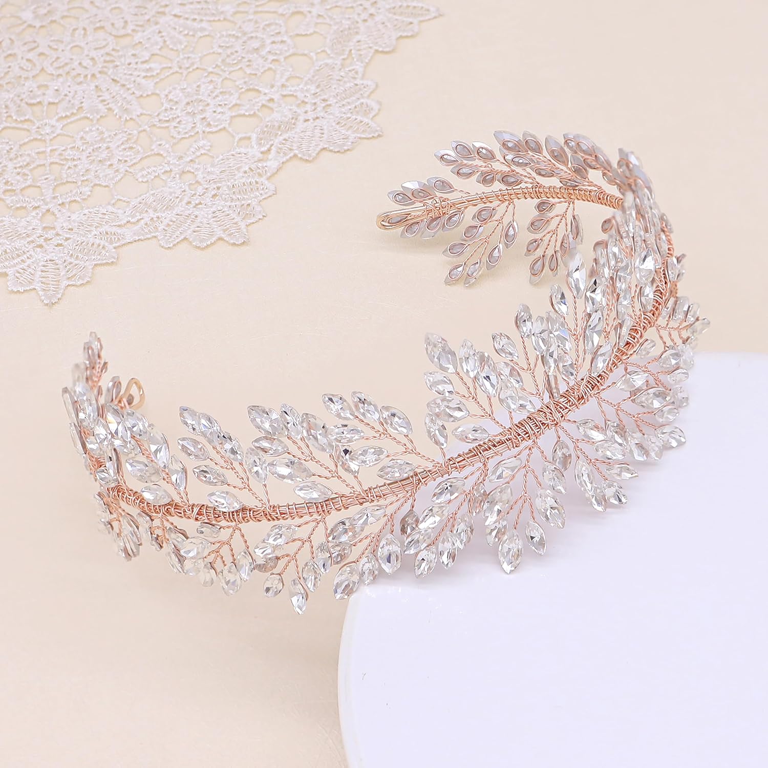 Oriamour Silver Wedding Headbands Crystal Bridal Headpieces For Women Wide Bridal Headbands (Rose Gold)