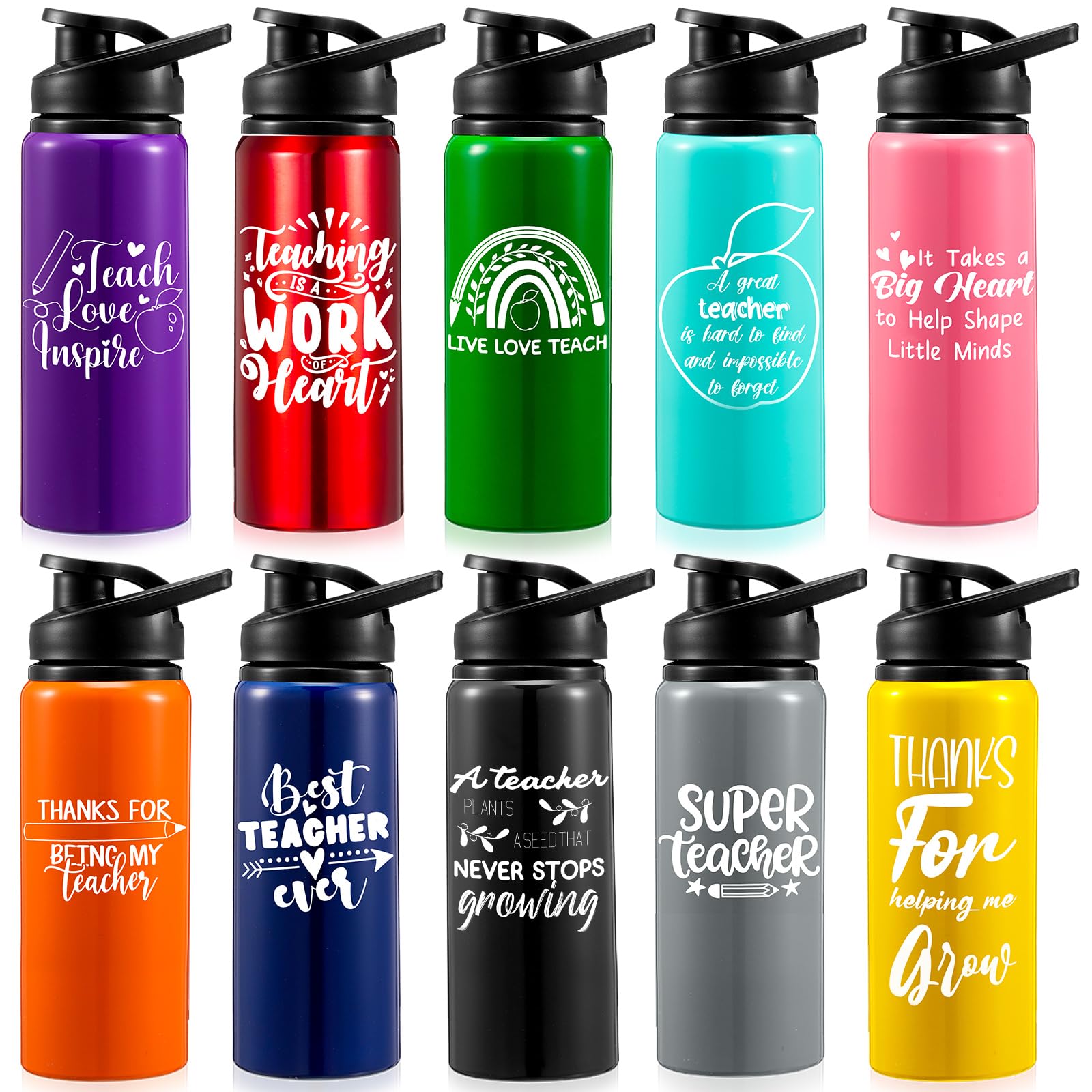 10 Pcs Teacher Water Bottle Bulk Thank You Gifts Aluminum Multicolor Sport Bottle with Lids Teacher Appreciation Gift for Teachers Employees Staff