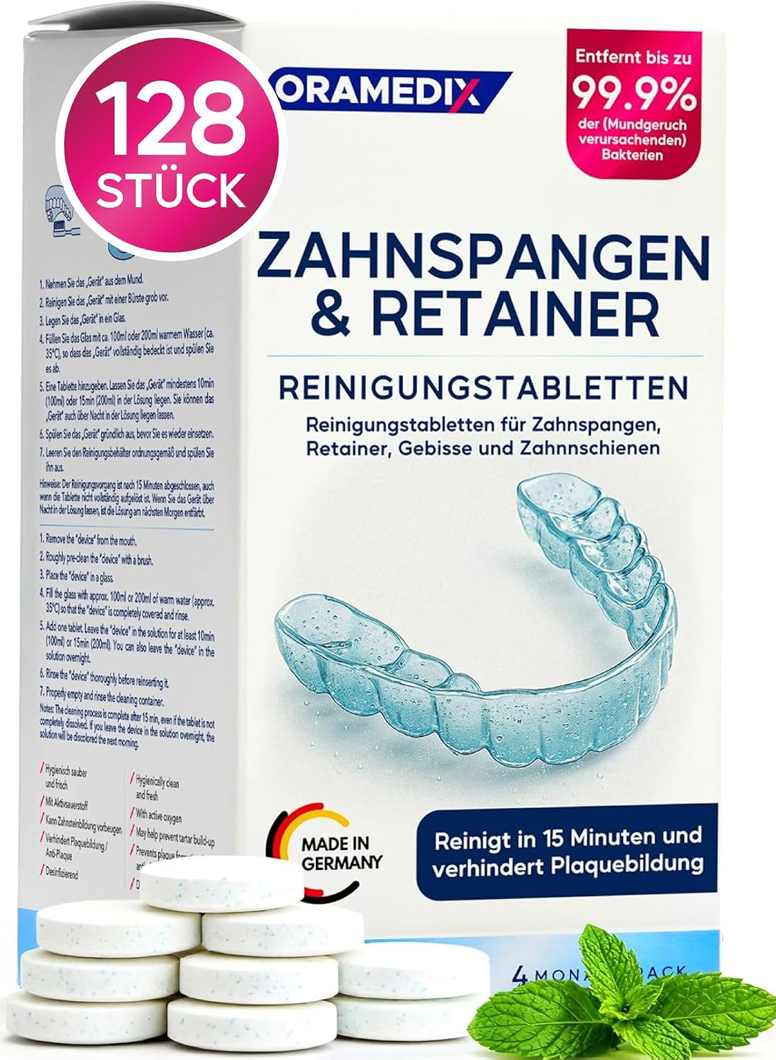Retainer Cleaning Tablets - 128 Tablets for Braces Retainers Teeth and Splints - Cleans in 15 Minutes Removes 99.9% of Bacteria* and Prevents Plaque Formation