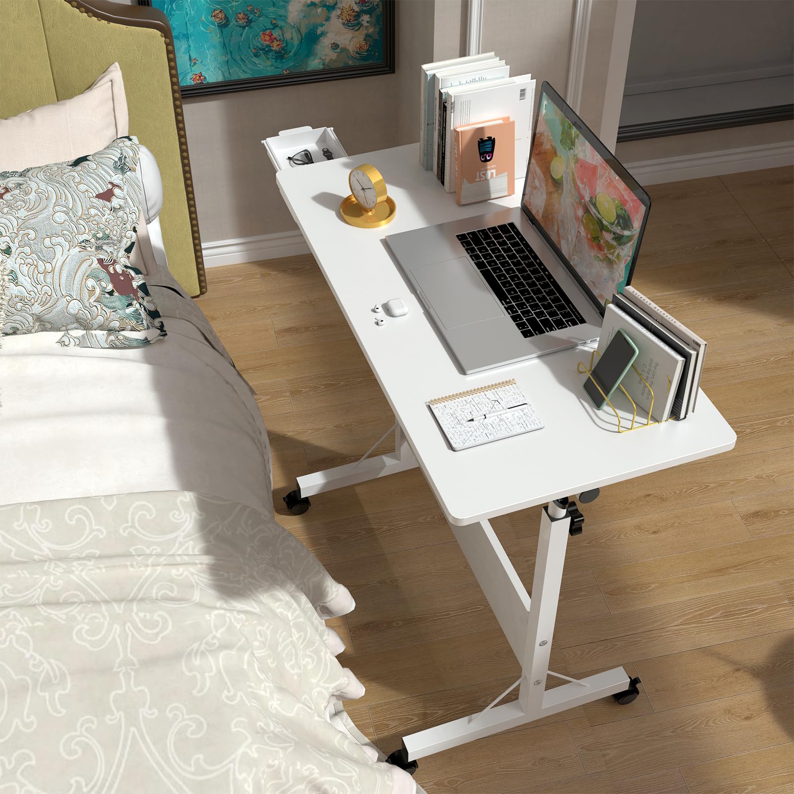 Table de Bureau Pliante Réglable en Hauteur 80x40x65-88 cm, Table de Lit pour Ordinateur Portable avec Roulette, Informatique Pliable pour Domicile, Blanc