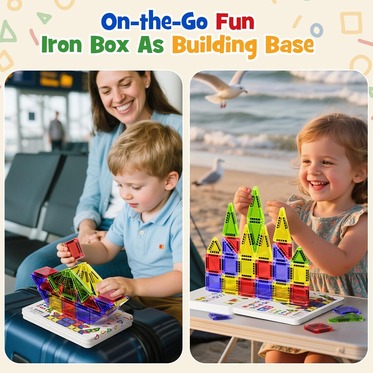 Mini Magnetic Tiles for Kids Travel - 40pcs STEM Building Blocks with Visual Storage Guide & Metal Box Play Base, Toddler Airplane Activities Toys for Ages 3-5,4-8, Compact Travel Toys