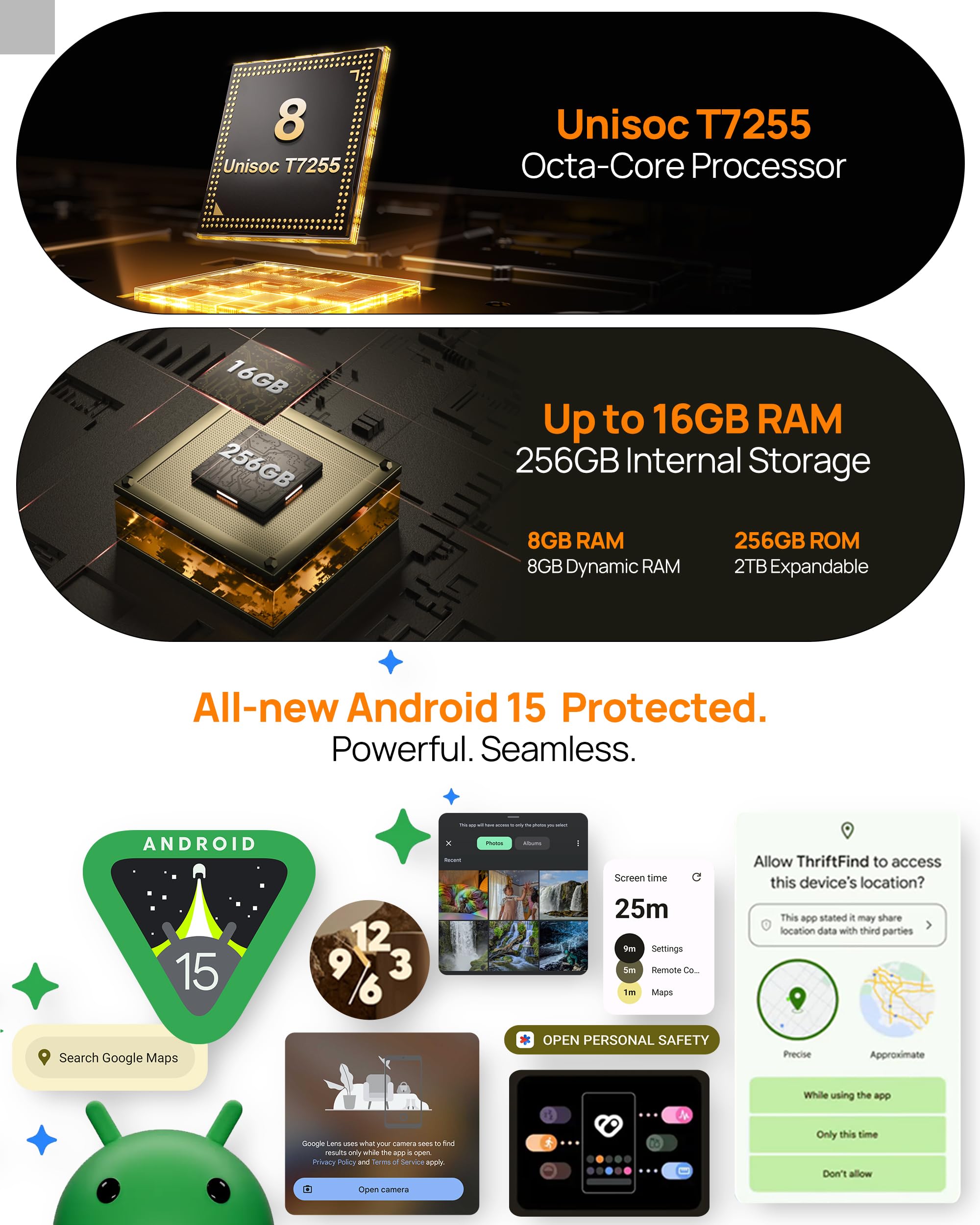 Ulefone 4G Rugged Phone, RugKing Unlocked Smartphone, Android 15, 16+256GB, 50MP+2MP+8MP Camera, 9600mAh, 126dB Speaker, 5.99” Screen, 3-Card Slot, NFC/GPS, Dual LTE