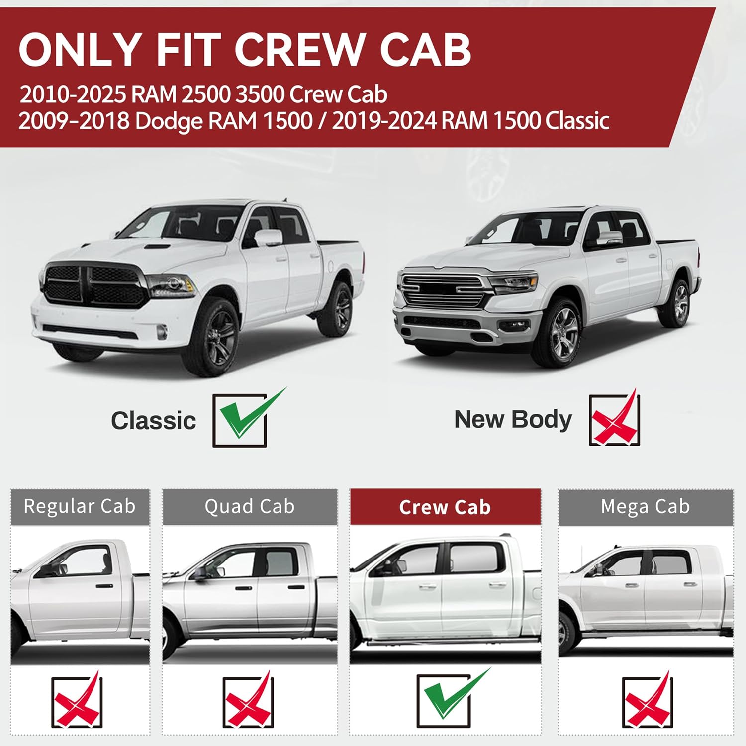 YITAMOTOR Running Boards & Side Steps Compatible with 2009-2018 Dodge Ram 1500 Crew Cab, 2019-2026 1500 Classic, 2010-2026 2500/3500, Black Nerf Bars, Two-Stair for Roof Operation