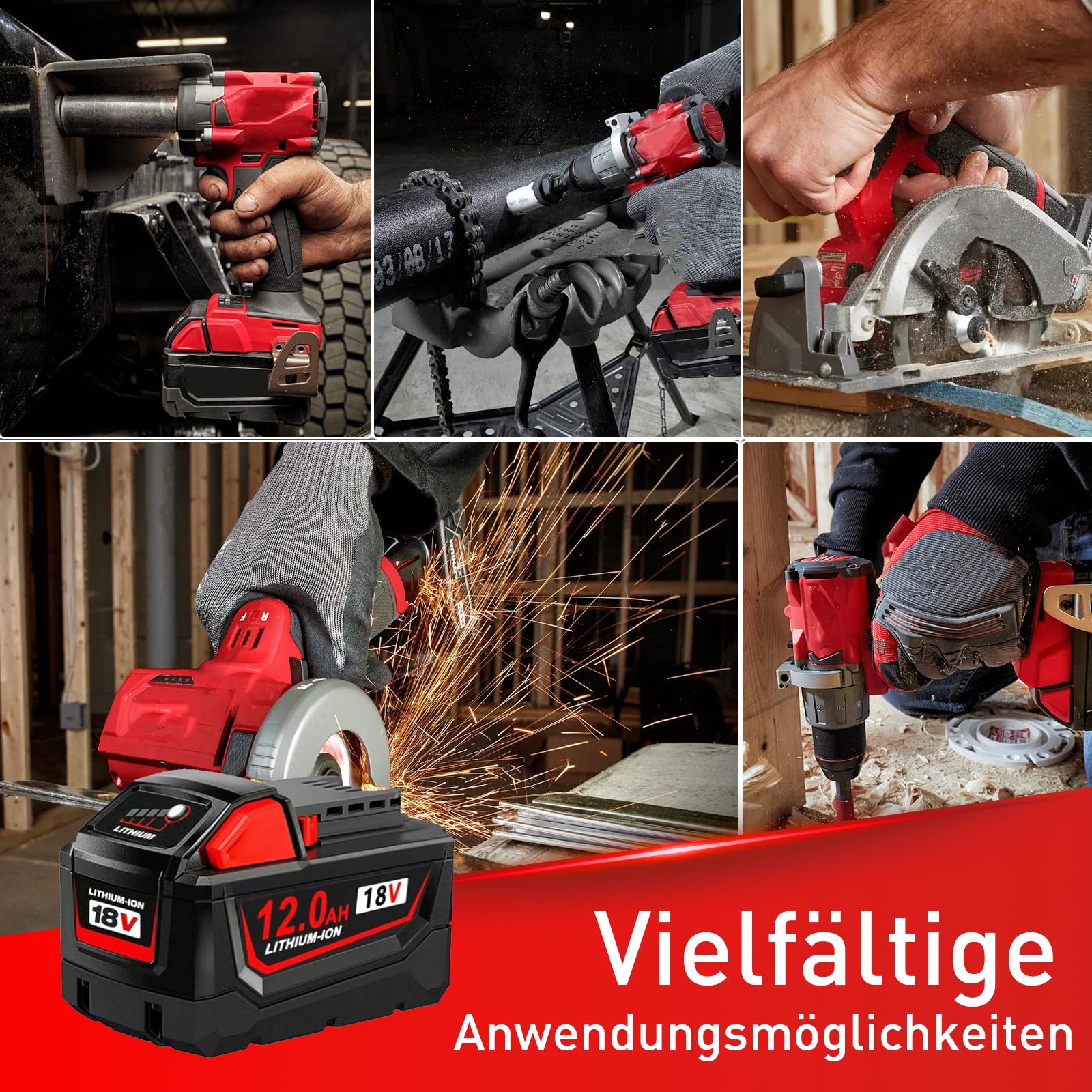 12000mAh Lithium Ersatz für Milwaukee M18 Akku 12.0Ah Kompatibel mit Milwaukee Akku 18V 48-11-1815, 48-11-1841, 48-11-1850, 48-11-1828, 48-11-1840 mit LED-Anzeige (1 × 12.0Ah)