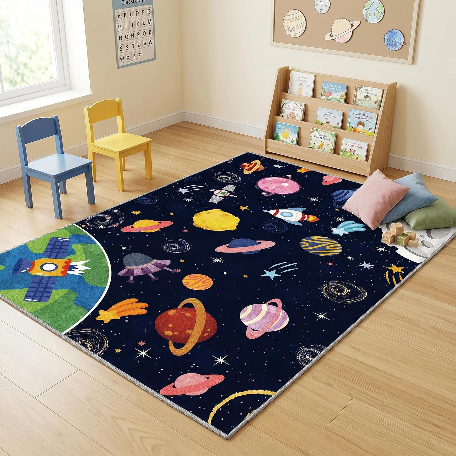 Space Kids Car Rug Playmat Carpet, 31''x47'' Playroom Planet Rug for Playing Cars Toys, Educational Area Rugs for Bedroom Classroom Toddlers.