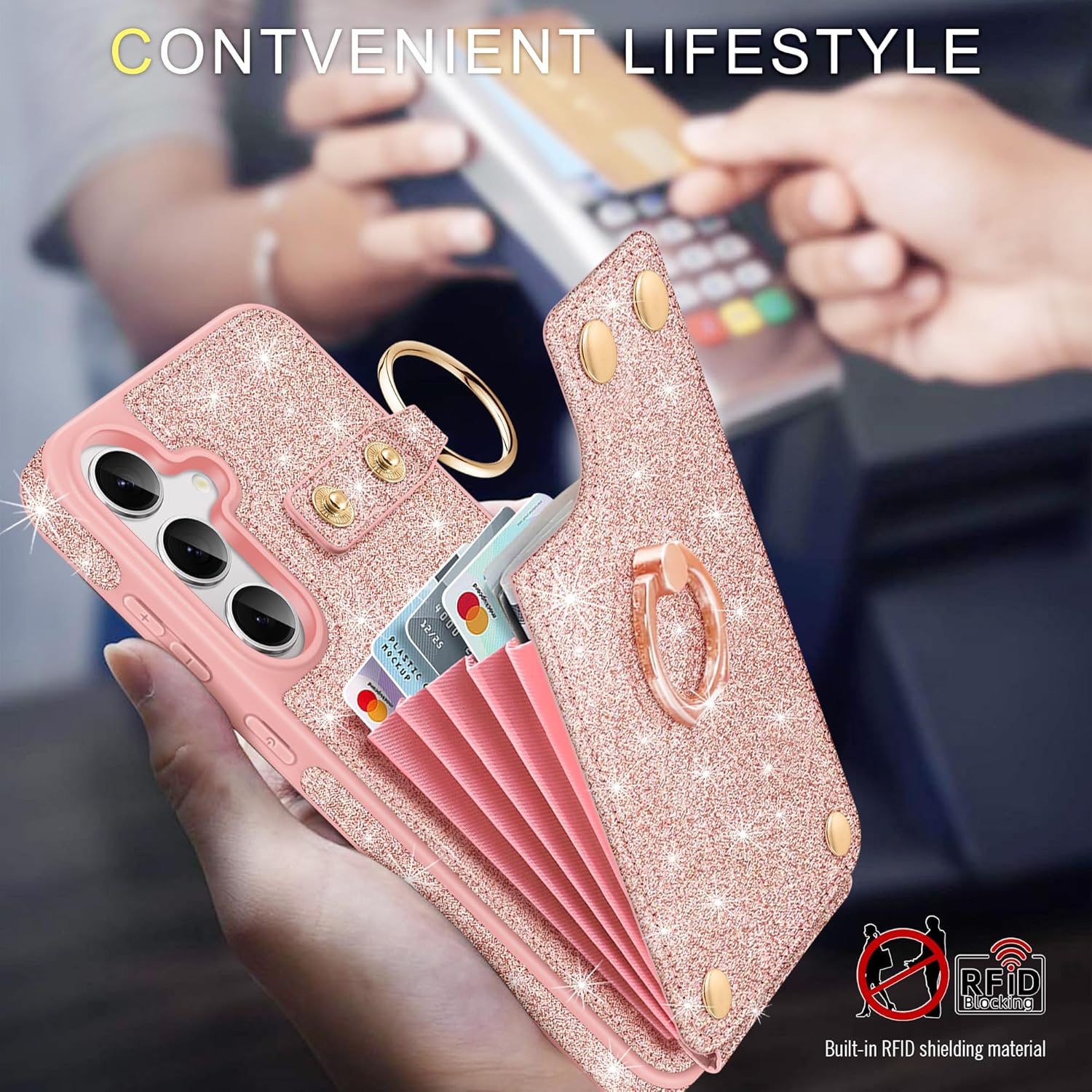 Fingic for Samsung Galaxy S24 Case Wallet[1*Screen Protector+1*Camera Protector][360°Ring Holder][5 Card Holder]Glitter Sparkle Kickstand RFID Blocking Protective Case forSamsung Galaxy S24,Rose Gold