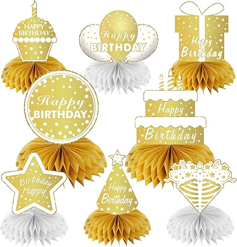 Decoraciones de mesa de feliz cumpleaños, 8 piezas de decoraciones de cumpleaños de oro blanco para mujeres y hombres, centros de mesa para fiestas