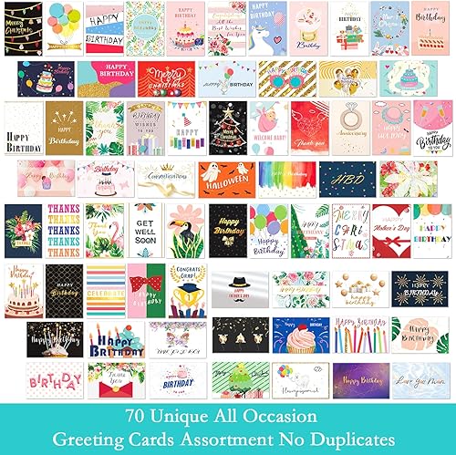Miniatura 2 de 70 tarjetas de cumpleaños únicas a granel, caja surtida de tarjetas de felicitación para todas las ocasiones con sobres y calcomanías en blanco,