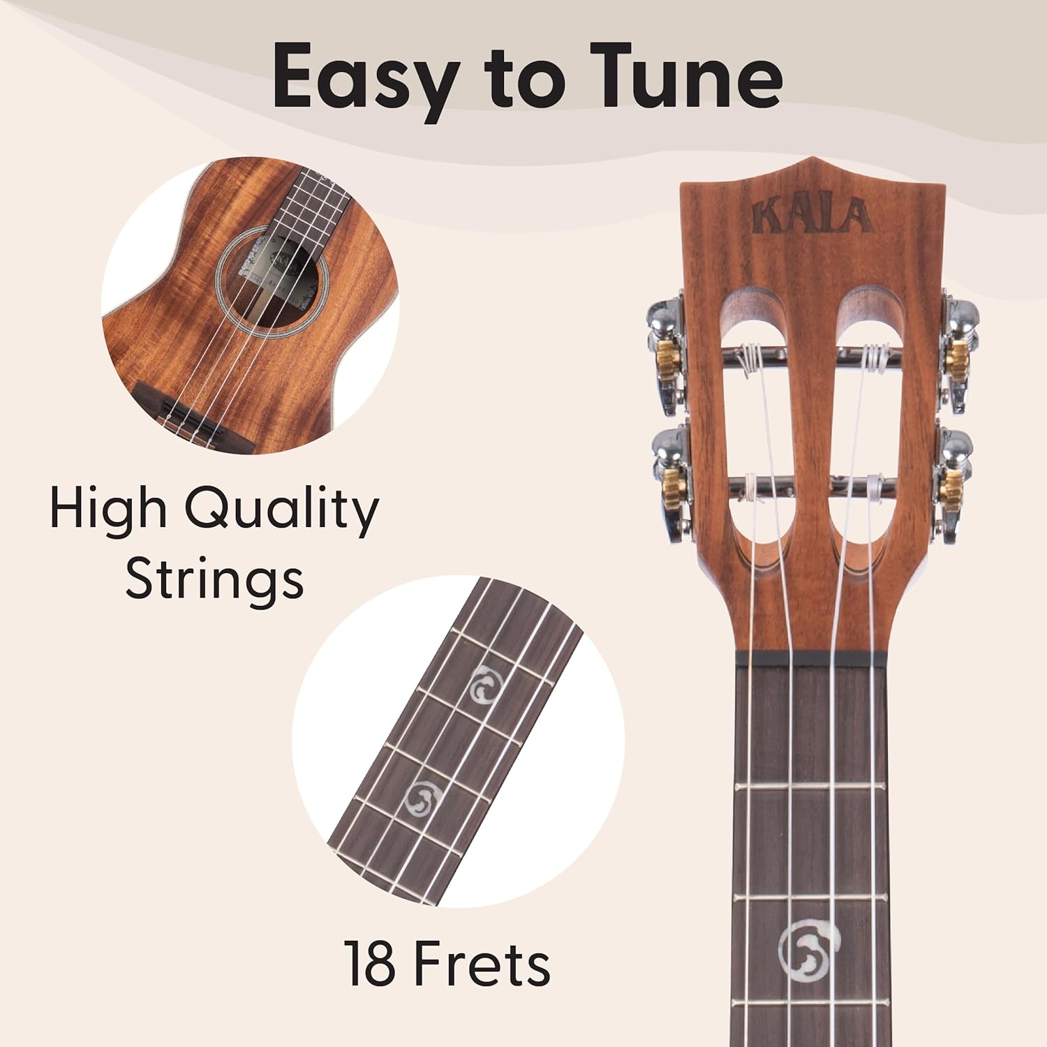Kala Solid Acacia Baritone Ukulele with Rosewood, Aquila Super Nylgut Strings, Satin Finish - Natural