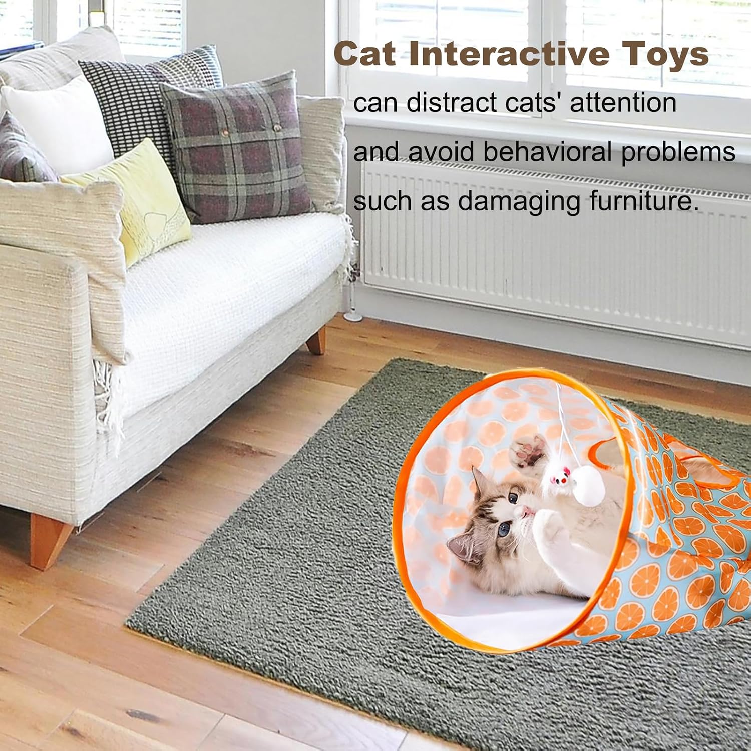Cat Tunnel Bag for Indoor Cats, Foldable Pet Tunnel Crinkle Sack Bag with a Little Mouse & 3 Toy Ball, Portable Crinkle Paper Interactive Hide and Seek Cat Toys (Orange)