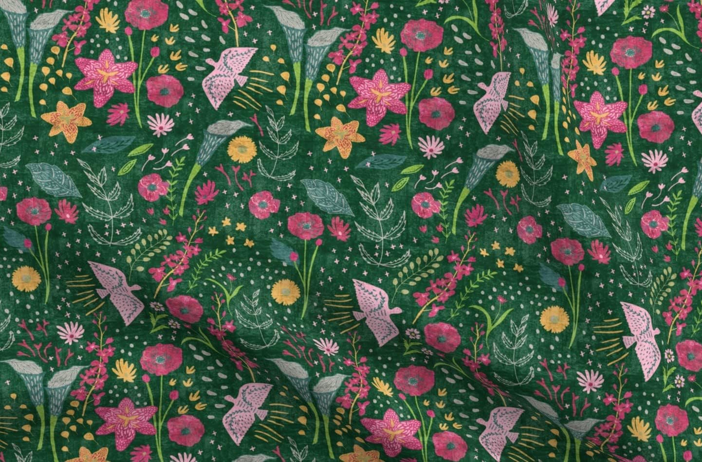 Spoonflower Fabric - Floral Forest Bird Pink Flower Woodland Animal Printed on Upholstery Velvet Fabric Fat Quarter - Upholstery Home Decor Bottomweight Apparel