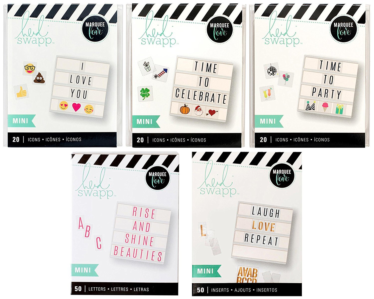 Heidi Swapp - Mini Lightbox Icons, Letters & Blank - Emoji, Holiday, Party, Thin Pink Alphas and Blanks - 5 Item Bundle