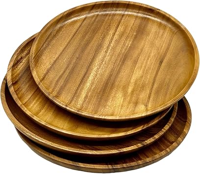 Set of 4 12 Inch Round Acacia Wood Dinner Plates Solid Hardwood Wooden Plates for Steak, Pasta, Salad, BBQ, Charcuterie Natural Wood Grain Dinnerware