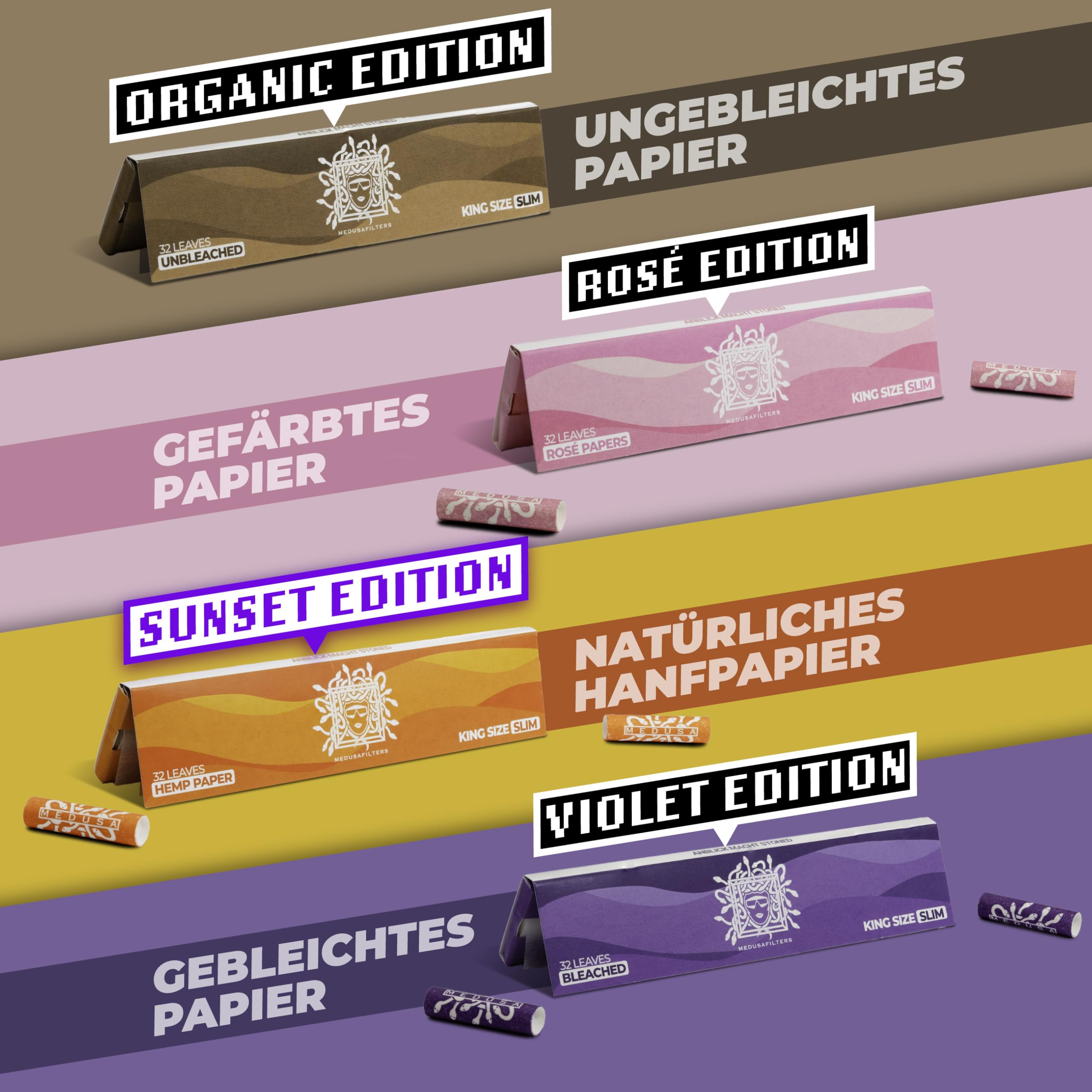 Medusafilters Roll-Set Sunset – 100 Premium Aktivkohlefilter 6 mm Slim + King Size Slim Long Papers (32 Blatt), Naturgummierung, Made in Germany (Sunset Edition)