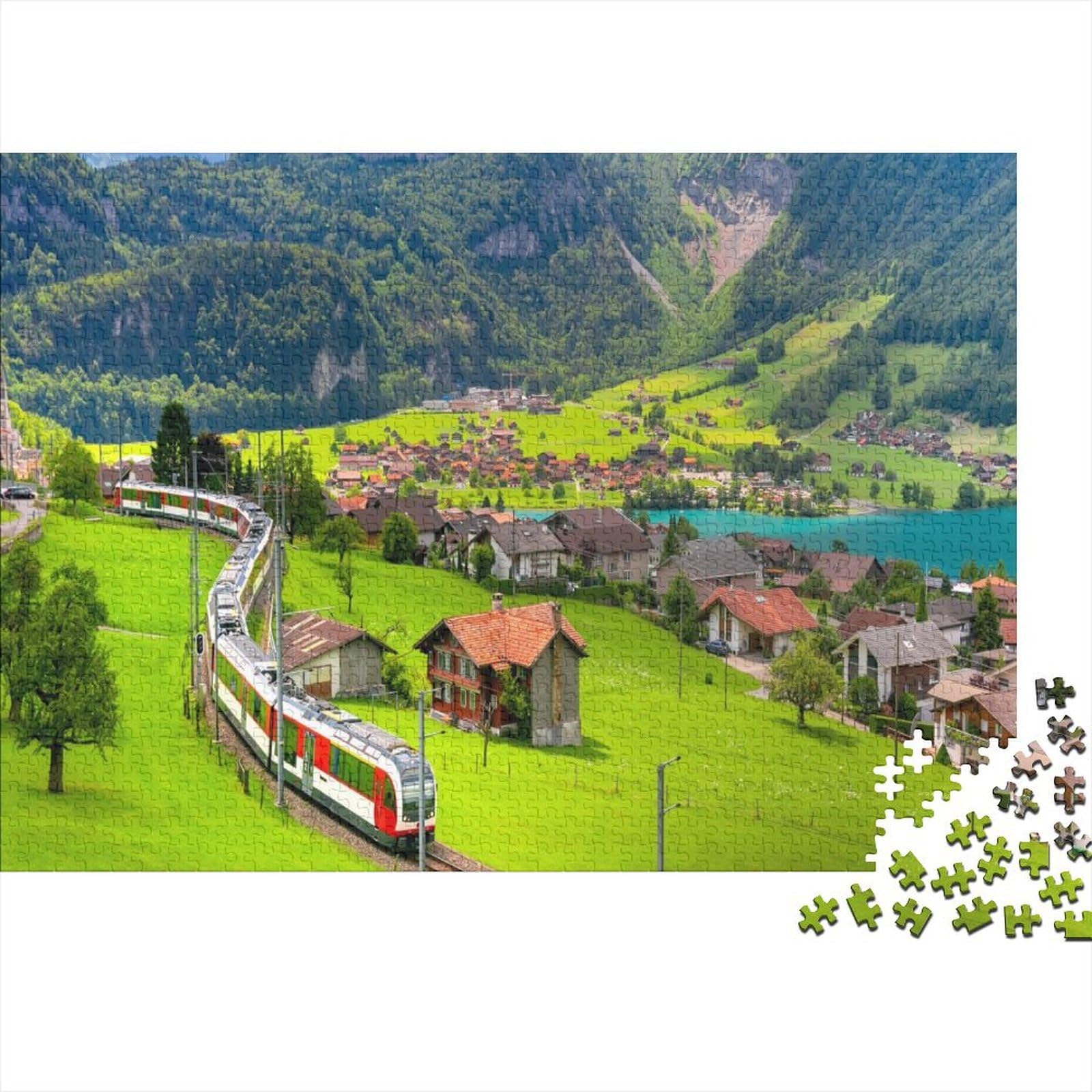 Swiss Train Puzzle for Adults 1000Pc Recyclable Alps Village Jigsaw Puzzles Interesting Family Game Props Fun Present for Holiday Blessings Gift 52x38cm/1000pcs