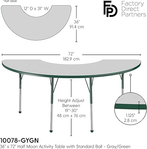 Miniatura 2 de FDP Half Moon Activity Mesa escolar y de oficina (36 x 72 pulgadas), patas estándar con deslizadores de bola para entornos de asientos