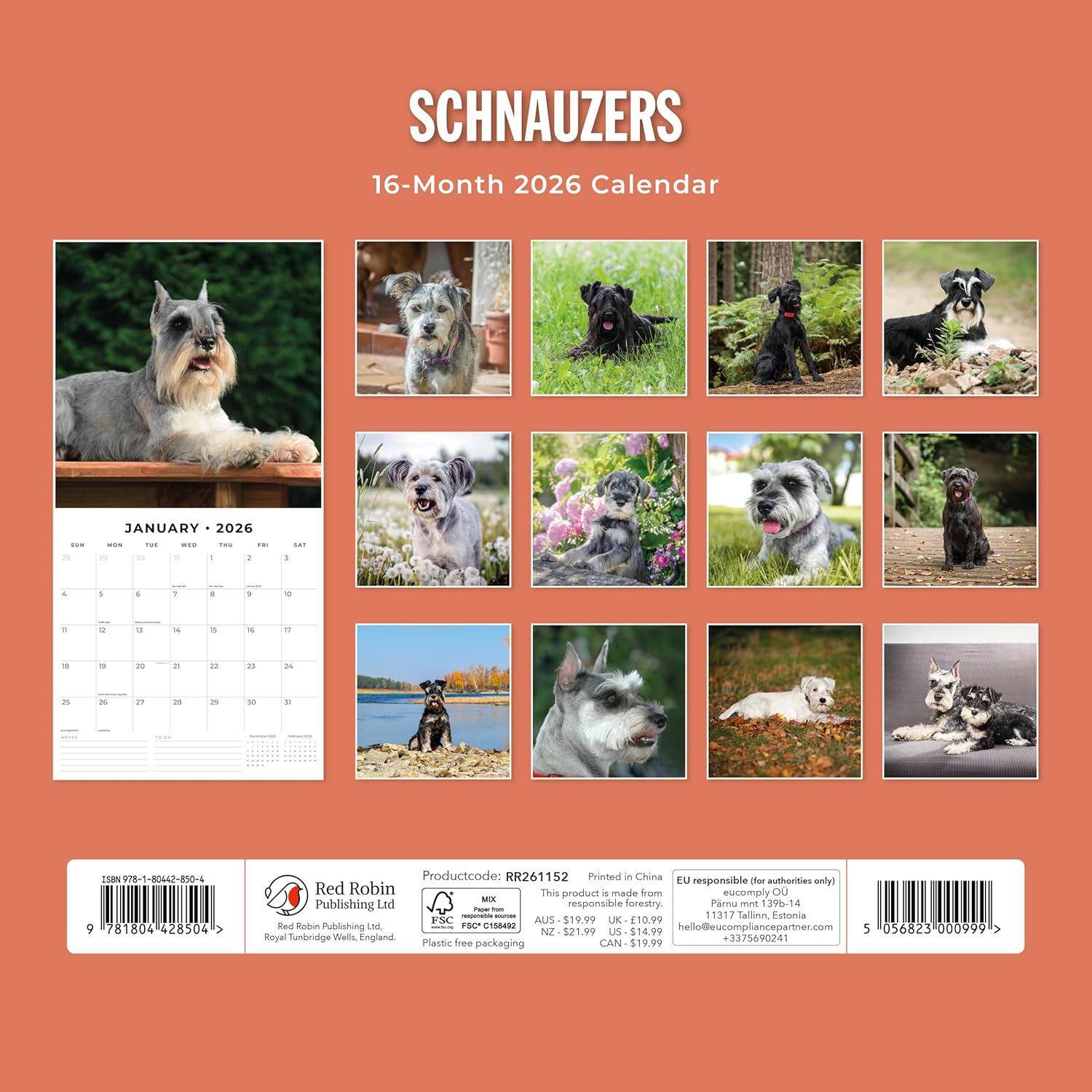 Red Robin 2026 Schnauzers Monthly Wall Calendar | 12" x 24" Open | Premium Thick & Sturdy Paper | Hangable 12 Month Calendar | Lined Notes & To Do Area | Vivid Images | Plastic Free - Image 2