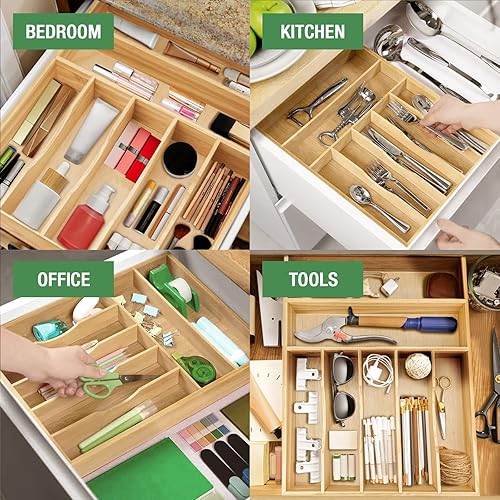 Miniatura 7 de Organizador de cubiertos, organizador de cajones de cocina, 12 x 16 pulgadas, soporte para utensilios de madera de pino y bandeja de cubiertos con