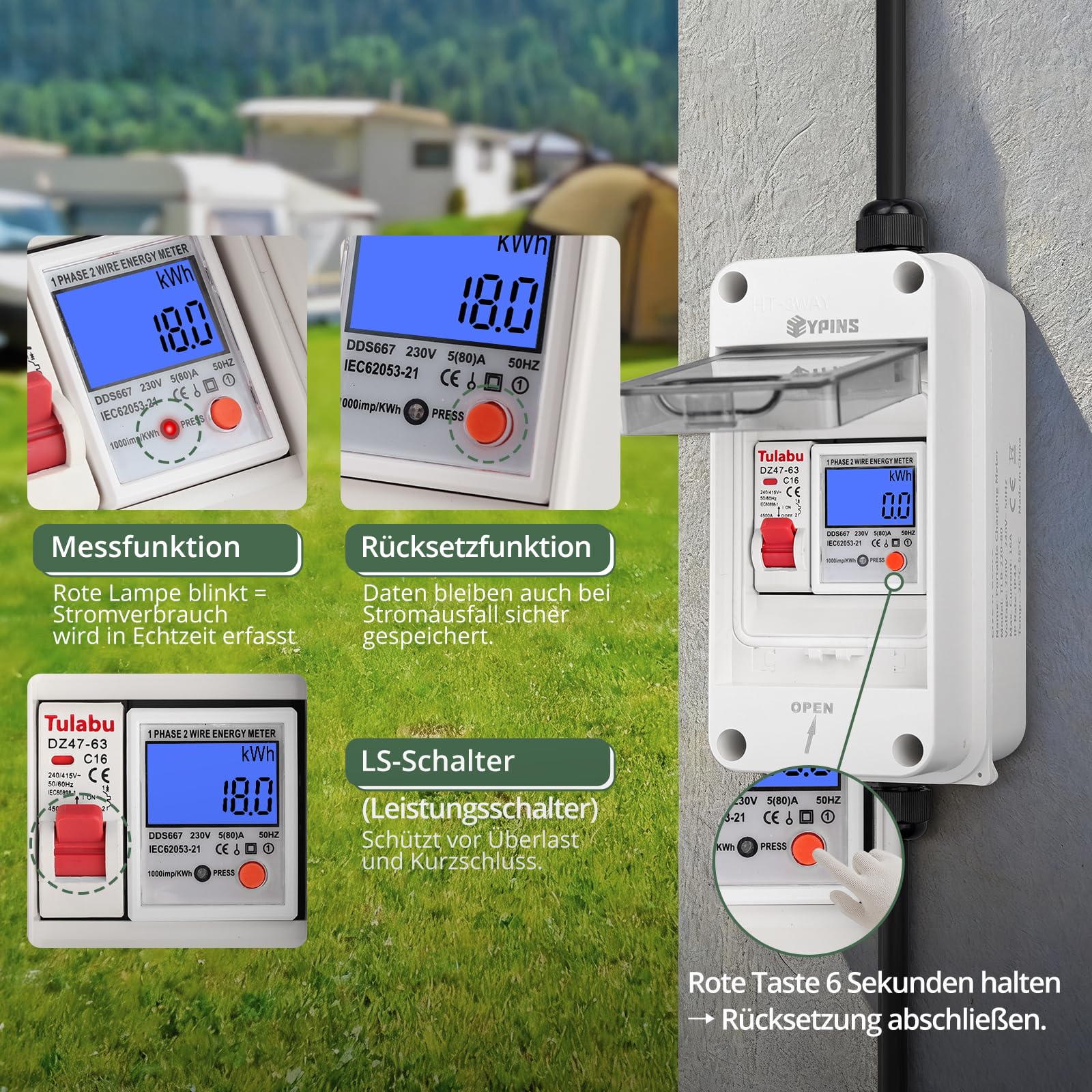 EYPINS Mobilny cyfrowy licznik prądu 80 A, 230 V, zewnętrzny, mobilny miernik KWH z przełącznikiem LS, przenośny licznik prądu LED z resetem, wtyczka SK, złączka, 2 x kabel 1,5 m do kamperów