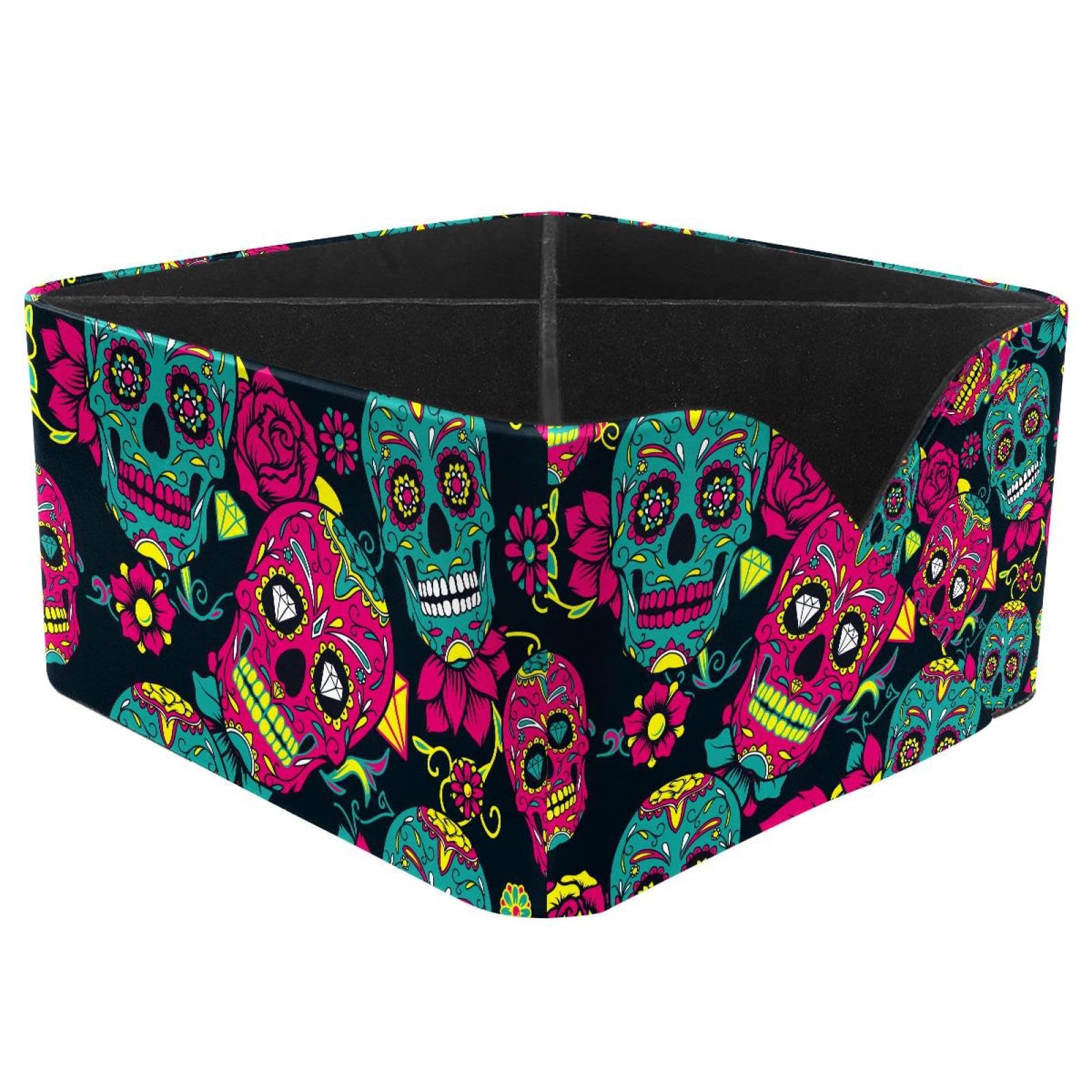 KengjuTesu Day of the Dead Colorful Sugar Skull Floral Pattern Desktop Organizer Pen Holder, Rectangular Pencil Cup for Office, Study and Makeup Stations