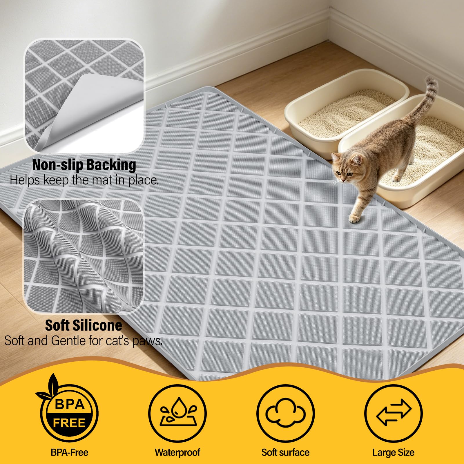 127 x 89 cm Tapis de litière pour chat en silicone avec brosse Gris