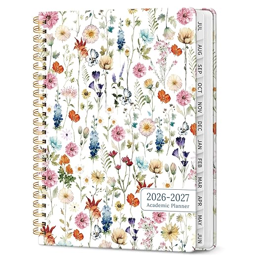 Planner 2026-2027, Academic Year Monthly and Weekly Calendar Planner, Jul 2026 - Jun 2027, Hardcover Teacher Student Planning Agenda book with Tabs, Perfect for School Office Supplies, 6.3" x 8.5" - Wildflowers