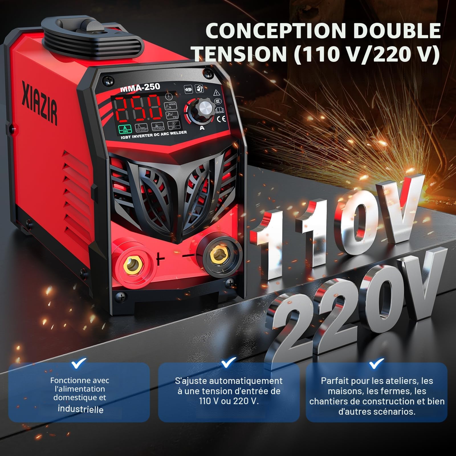 Poste à souder à l’arc 250A 220V avec écran LED, soudeuse portable à onduleur IGBT avec Hot Start, Arc Force & Anti-Stick, kit complet pour bricolage, atelier & ferme