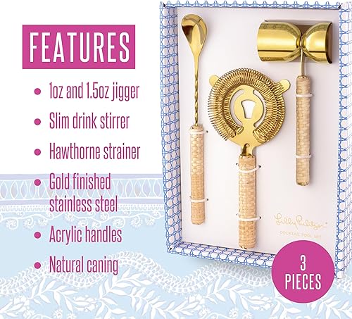 Miniatura 3 de Lilly Pulitzer Juego de herramientas de cóctel dorado de 3 piezas, kit de barman incluye colador de cóctel de acero inoxidable, cuchara mezcladora y