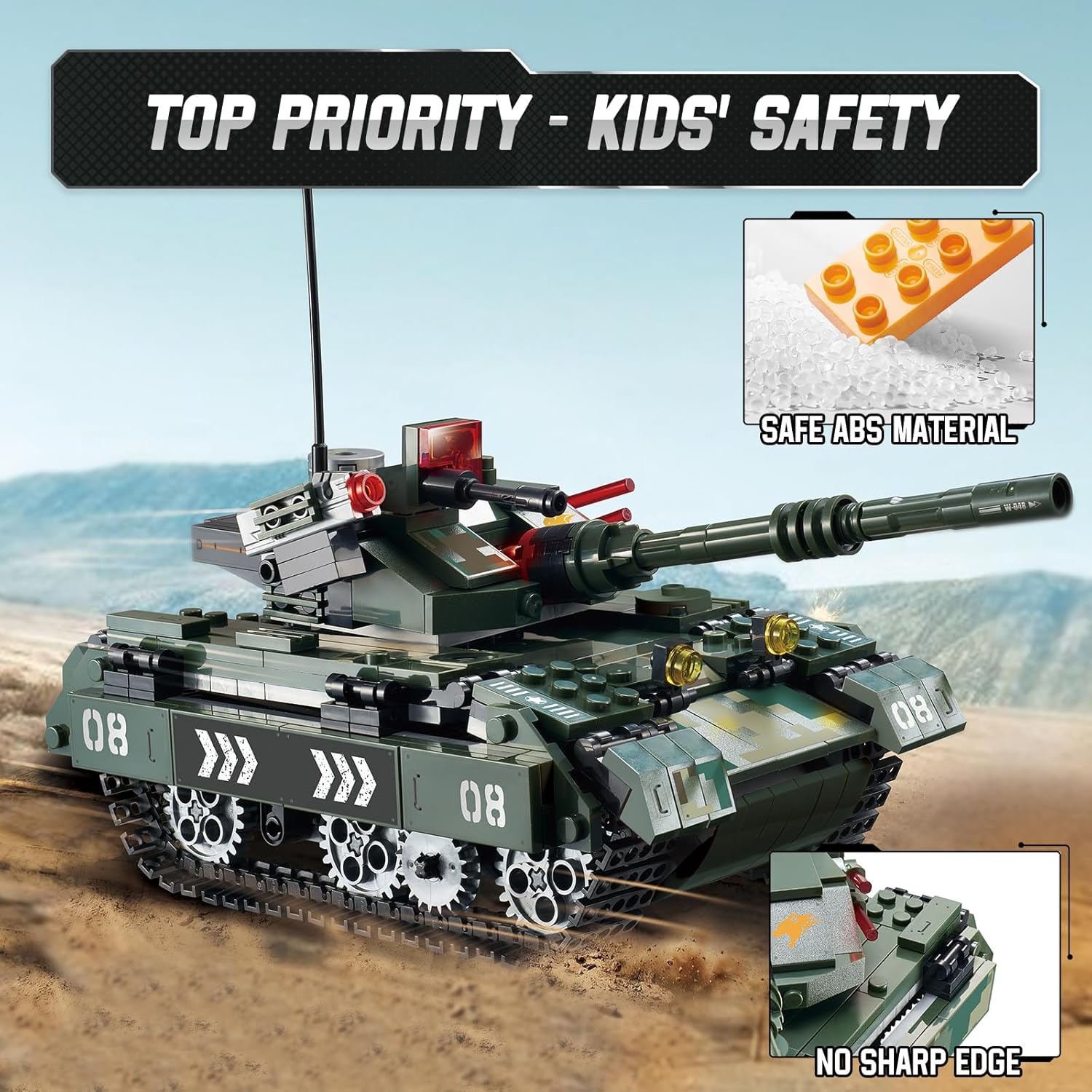 Close-up of W WISE BLOCK RC Military Tank highlighting safe ABS material and smooth edges