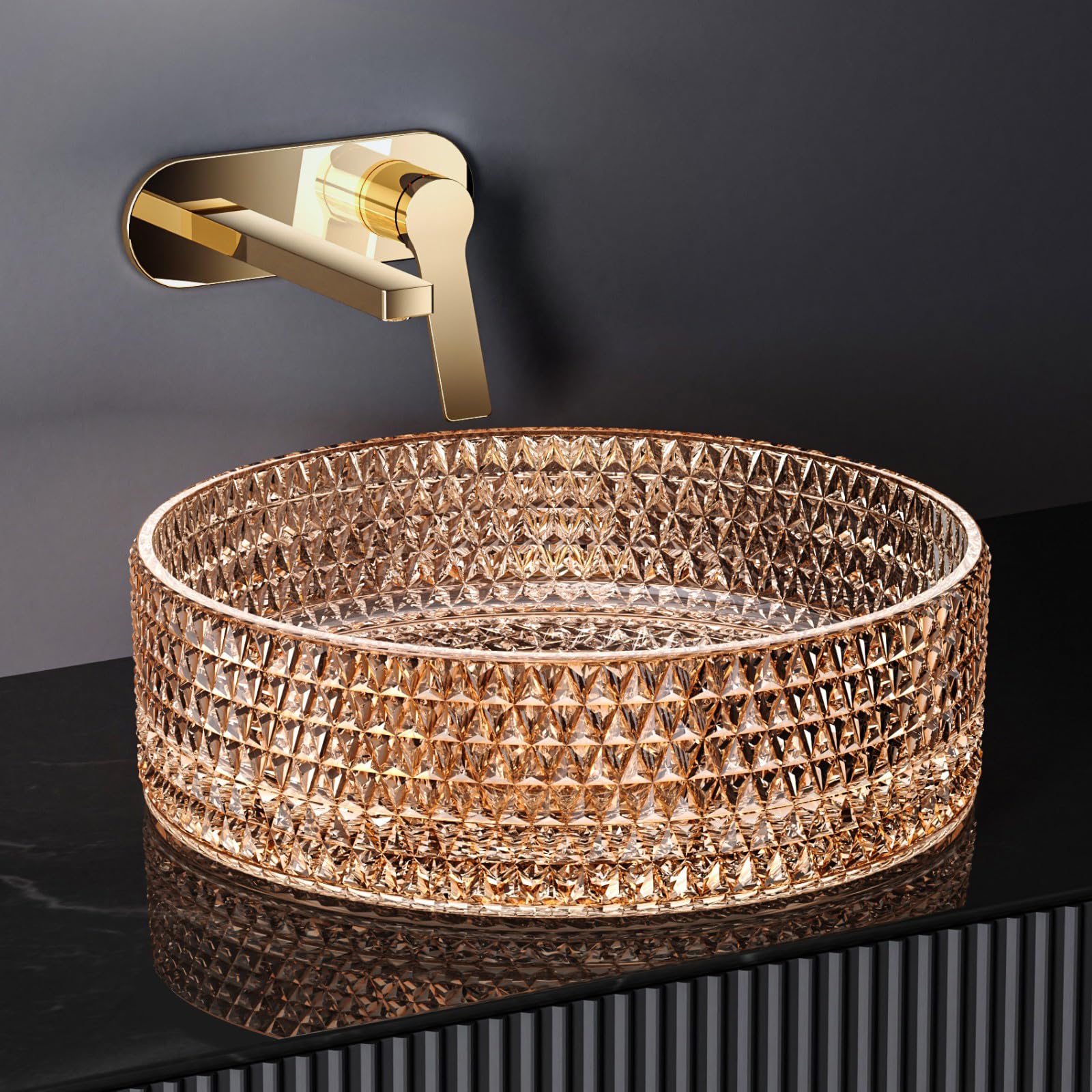 EMKE Lavabo para montar en cristal,360 x 360 x 112 mm,rosa dorado | Lavamanos redondo, lavabo de para baño y WC de invitados, lavabo sin orificio para grifo