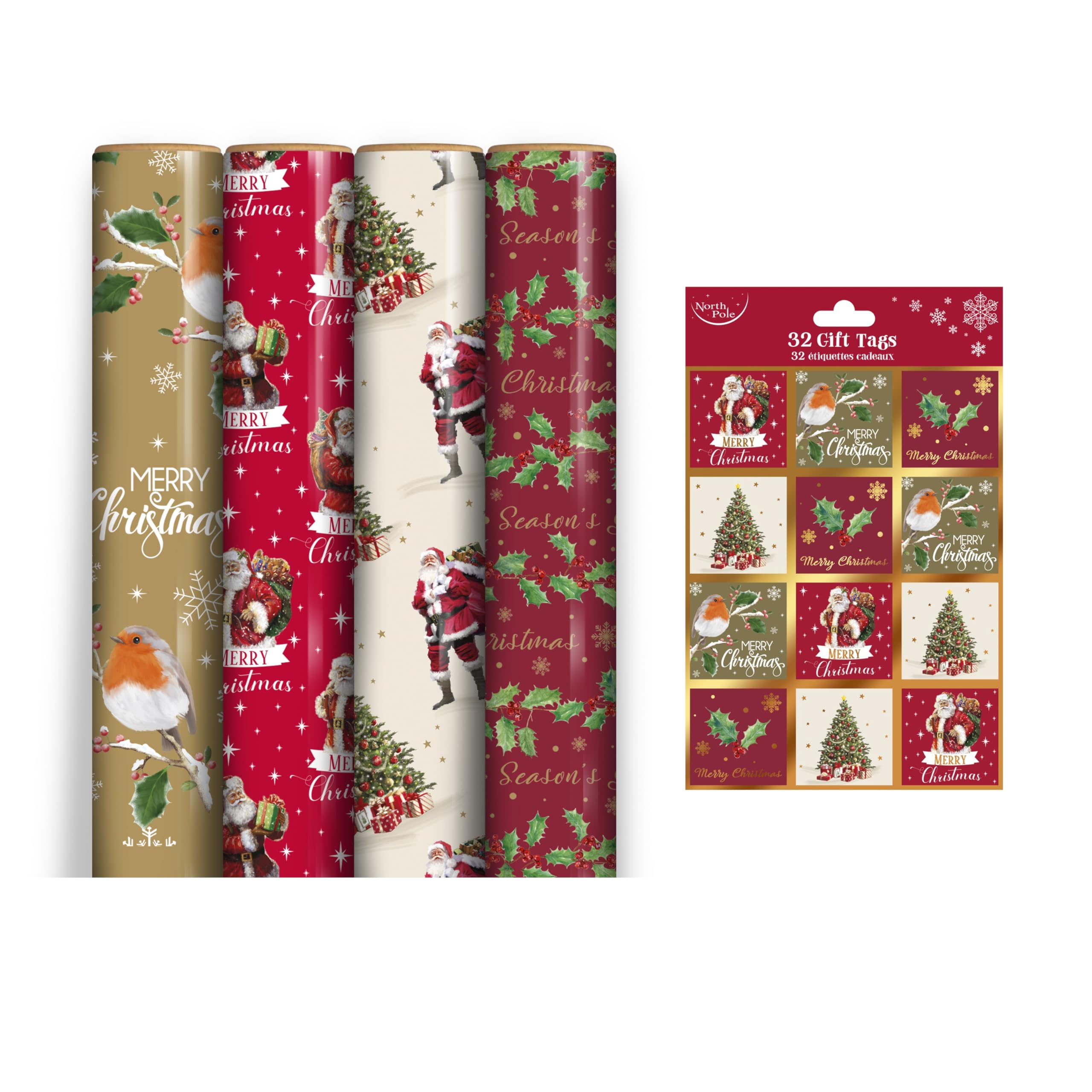 4 x 7M Rolls Of Christmas Wrapping Paper - Traditional Designs - Festive Wrap – Red Holly, Beige Father Christmas, Red FatherXmas, Gold Robin - Complete With 32 Matching Gift Tags