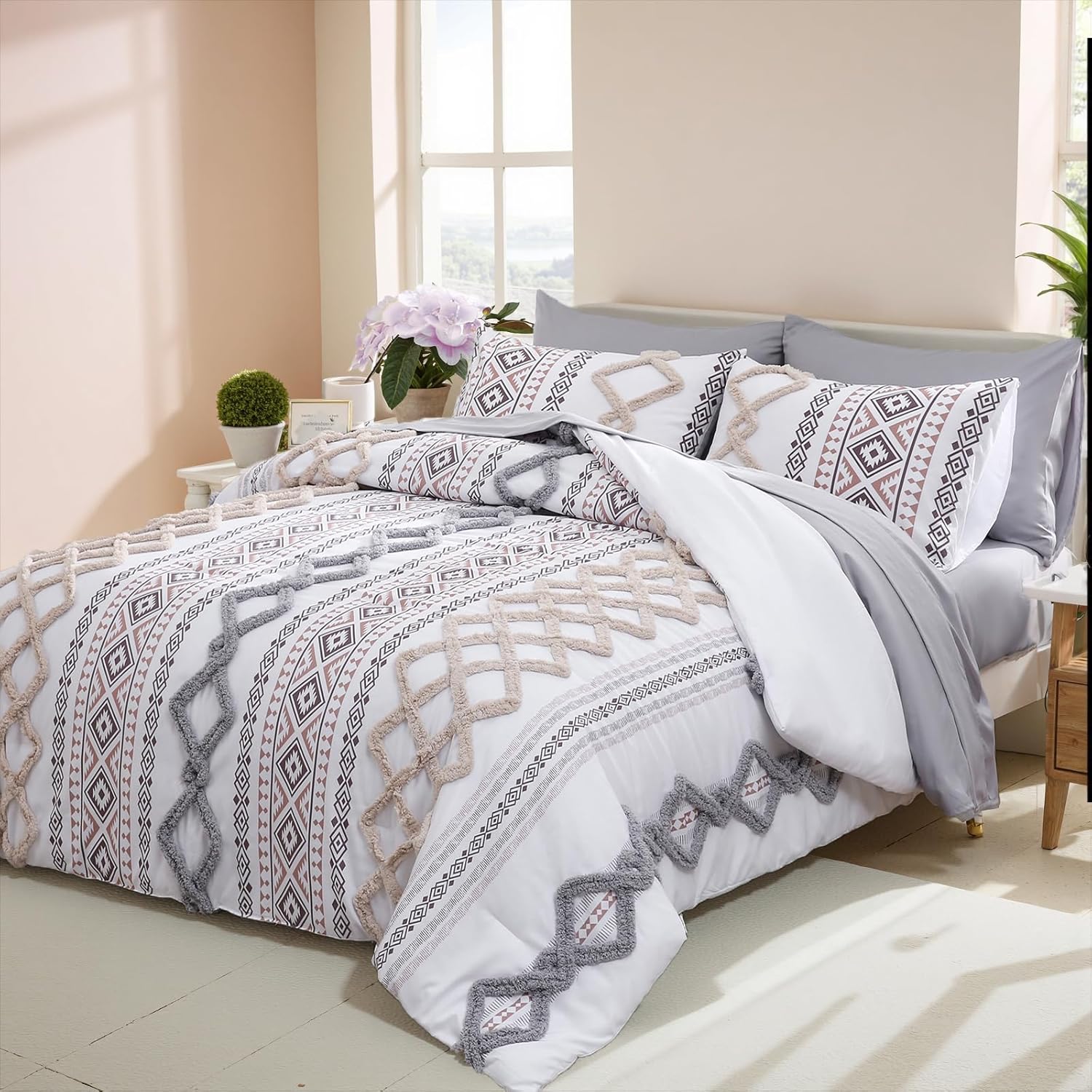 MOVE OVER Tufted Comforter Set King Size Boho Comforter Set 7 Pieces Bed in a Bag King 100% Soft Microfiber Aztec Comforter Set Shabby Chic Farmhouse Style Beige and Gray Fluffy Tufted Bedding Set - Image 2