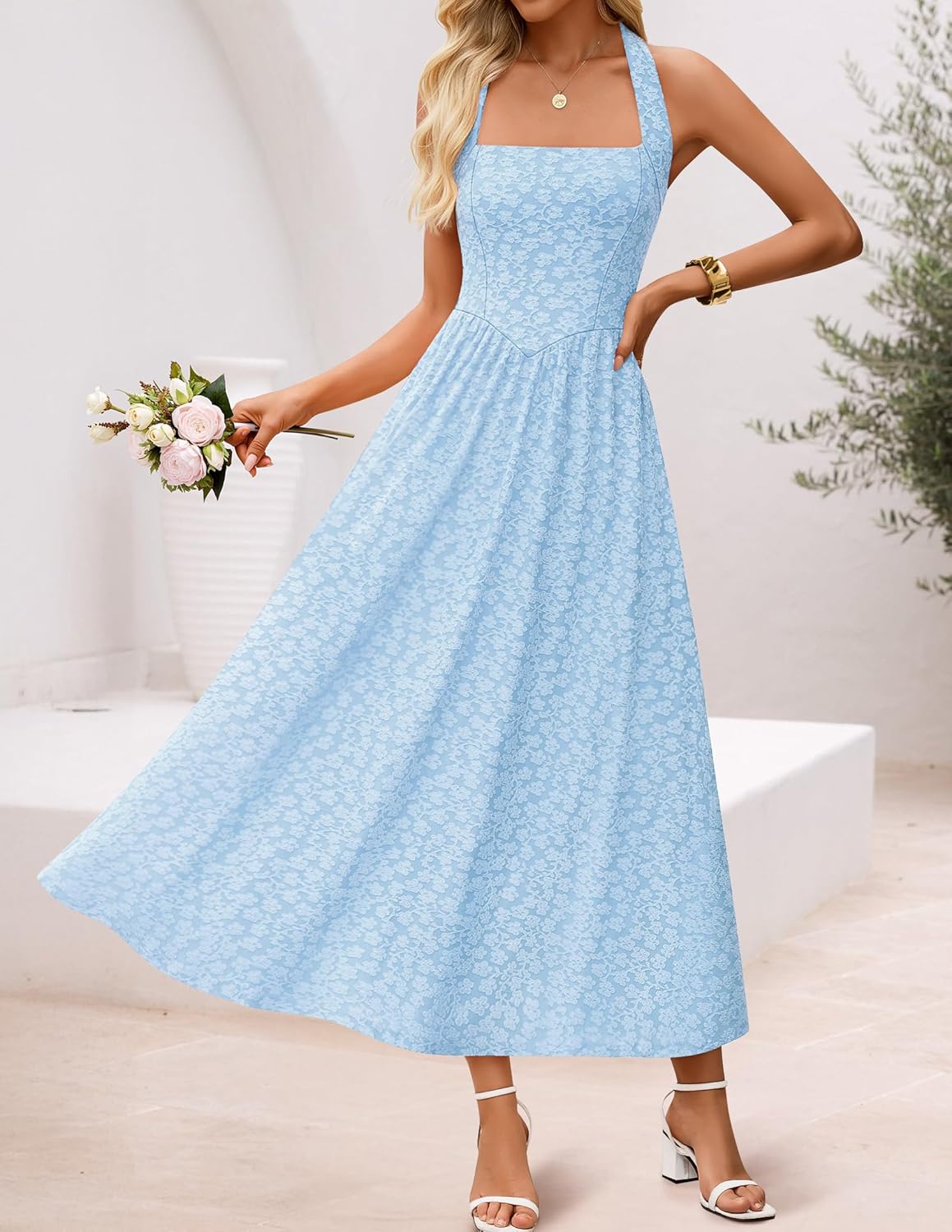 ZESICA Women's Summer Sleeveless Floral Maxi Dresses 2026 Halter Neck Wedding Guest Cocktail Party Flowy A Line Long Dress - Image 6