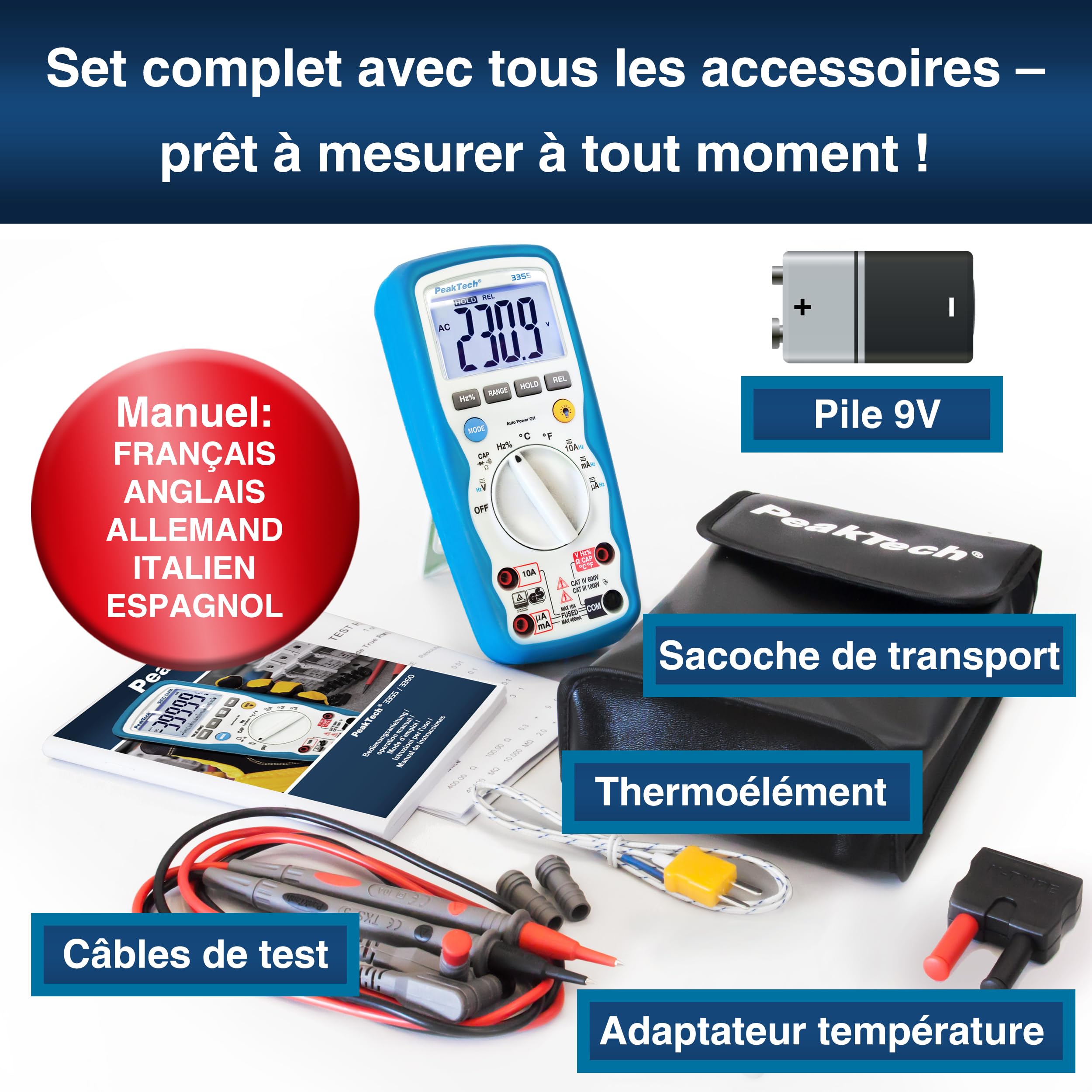 PeakTech 3355 Multimètre Numérique, étanche (IP67), écran LCD, 4000 points, Plage Automatique, Conservation des Données REL, Voltmètre, Testeur de Continuité, Appareil de Mesure - CAT III 1000 V