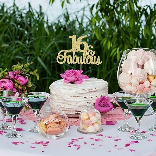 Miniatura 6 de Gyufise 1 pieza de 16 y fabuloso adorno para tartas de cumpleaños con purpurina dorada para cumpleaños de 16 años de cumpleaños para decoración de