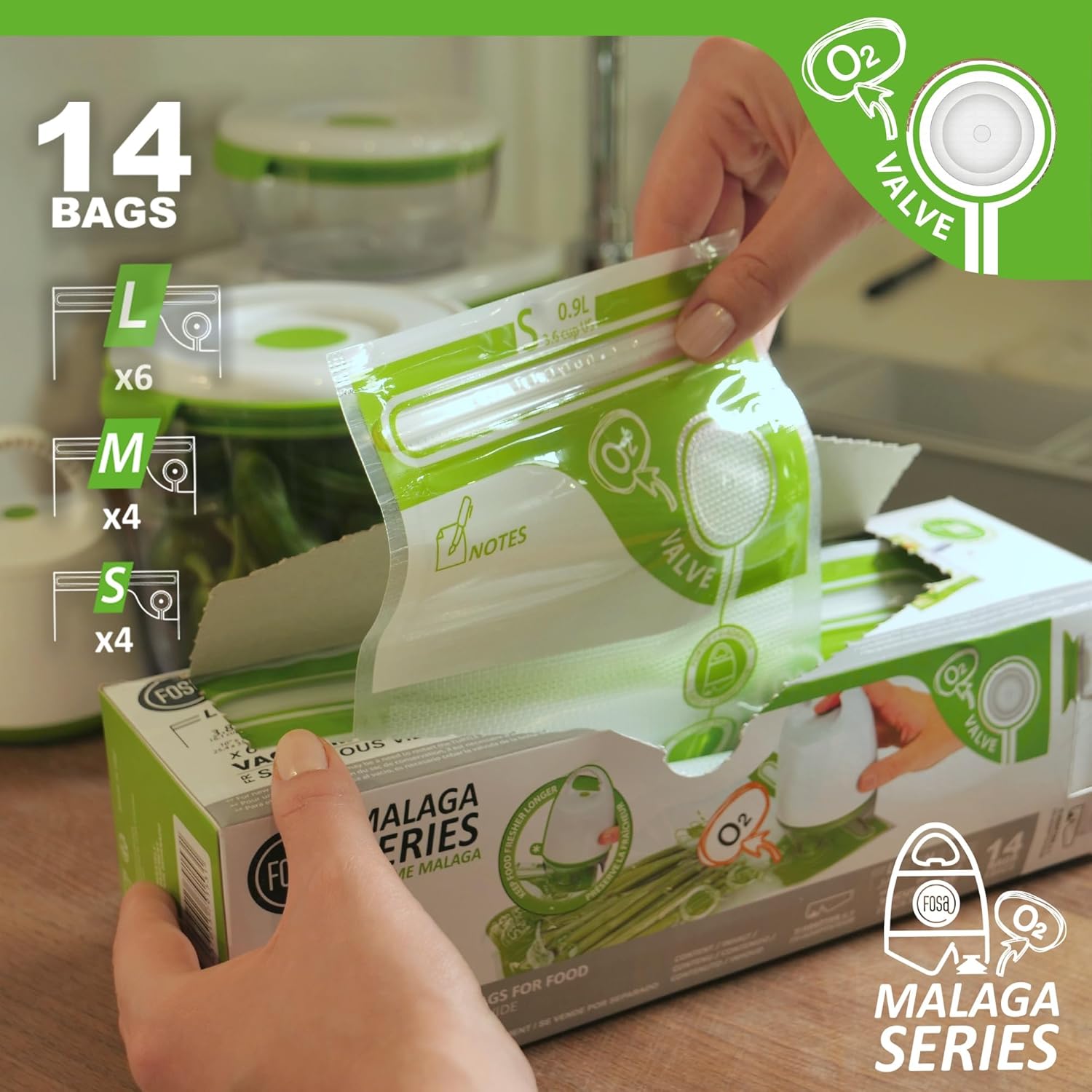 FOSA Spanish Reusable Vacuum Food Storage Bags - 14 Pack Multi Size Vacuum Zipper Bag with Adapter, Storage Bag for Home Organization, Sous Vide Cooking, Sanck outdoor (Vacuum Pump Not Included)
