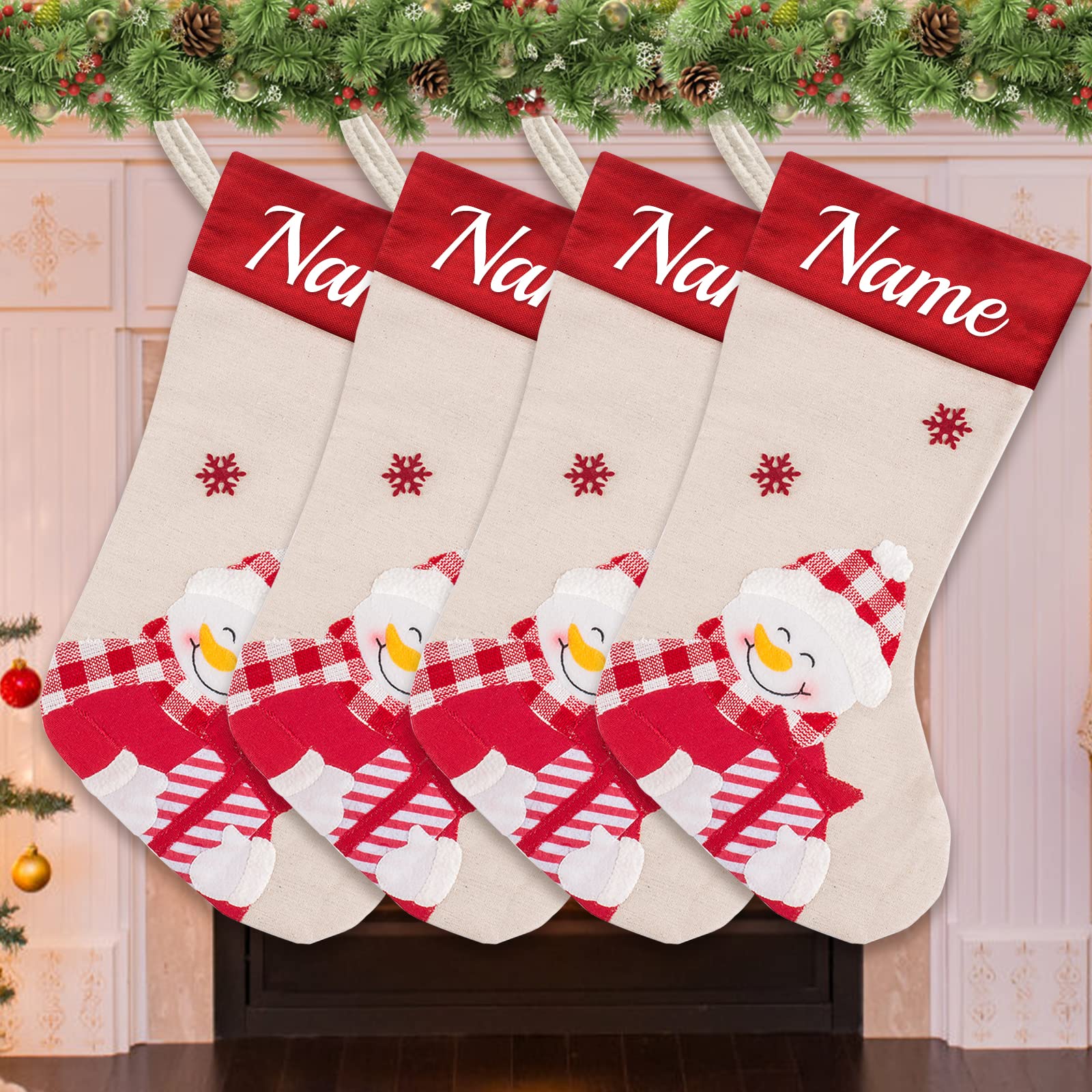 Medias de Navidad personalizadas Set de 4 medias de Navidad personalizadas con nombre adorno familiar para decoración navideña, muñecos de nieve rojos 2