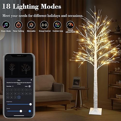 Miniatura 4 de Árbol de abedul iluminado inteligente de 6 pies con luces LED WW para decoración de Navidad, control de aplicación y botón, sincronización musical,