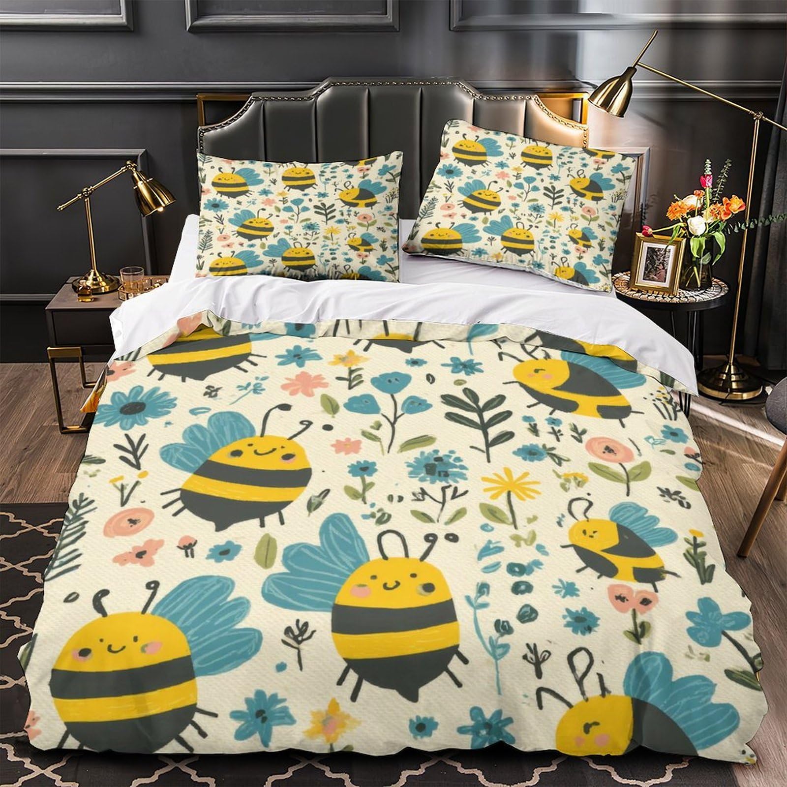 Parure de lit single 135x200cm avec housse de couette fleurs et abeilles en microfibre