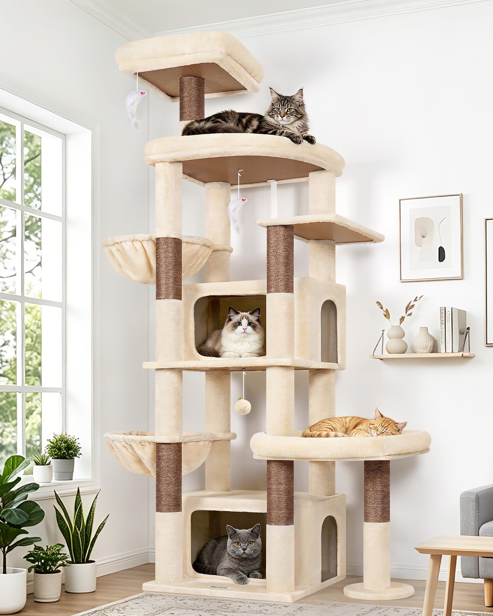 Globlazer Rascador beige XXL para gatos grandes, 192 cm, con 2 cuevas extragrandes, 50 x 30 x 30 cm, plataformas espaciosas, tronco de sisal, rascador estable con soportes para 3 – 5 gatos adultos