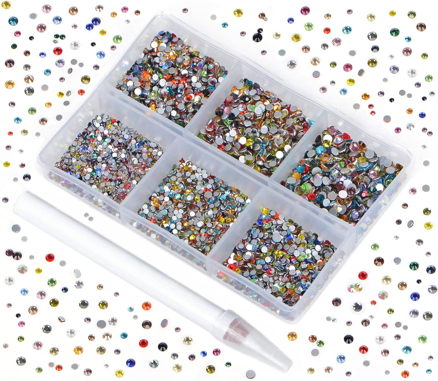 Bymitel 7200 Pieces 6 Mixed Sizes Glue Fix on Glass Rhinestones Round Crystal Gems - Retro Red, White & Blue Nail Inspo | 1950s Diner Aesthetic Lifestyle