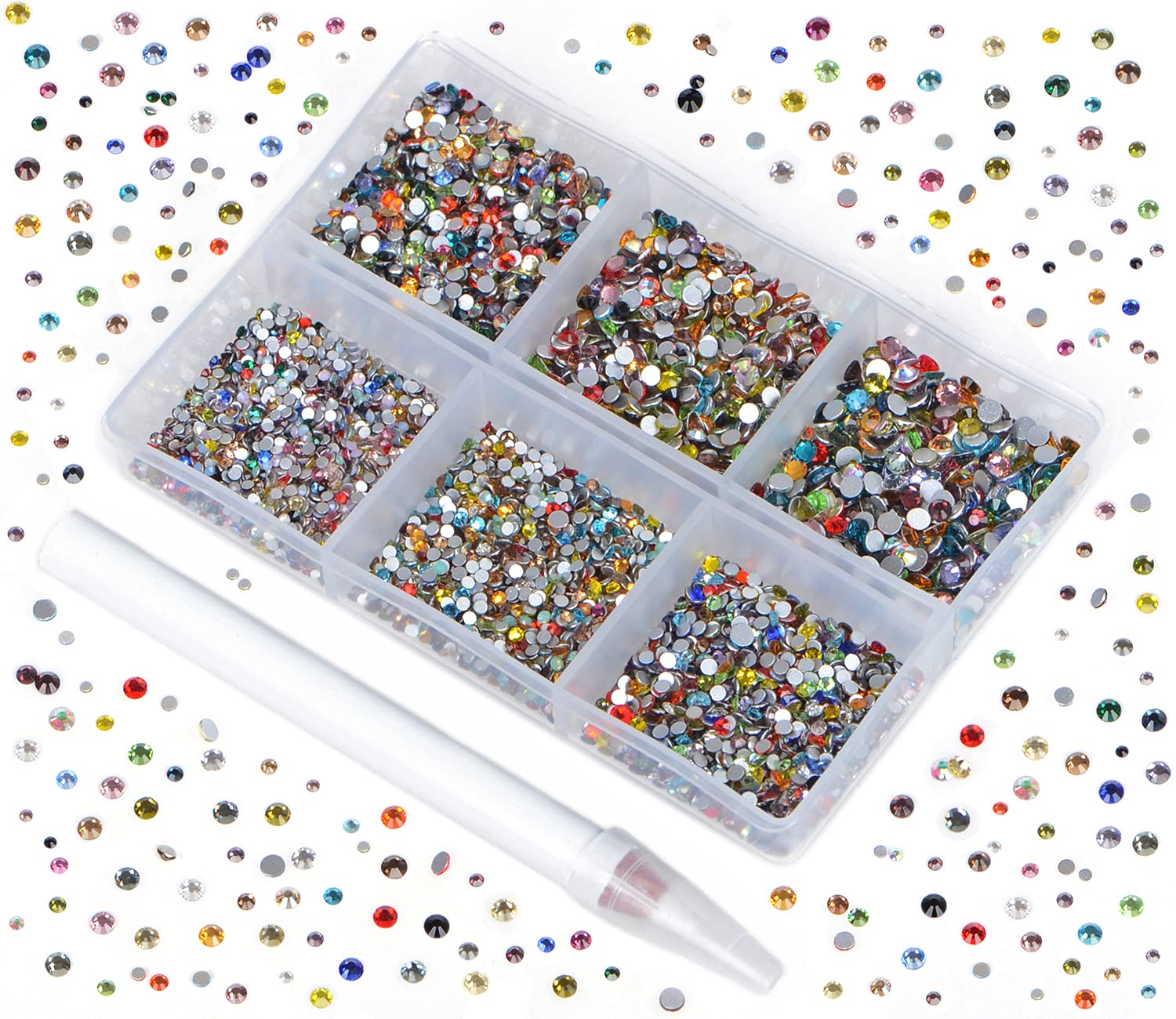 Bymitel 7200 Pieces 6 Mixed Sizes Glue Fix on Glass Rhinestones Round Crystal Gems Flatback for DIY Jewelry Making with one Picking Pen(Mix: SS3-SS10/7200PCS, Mixed Colors)