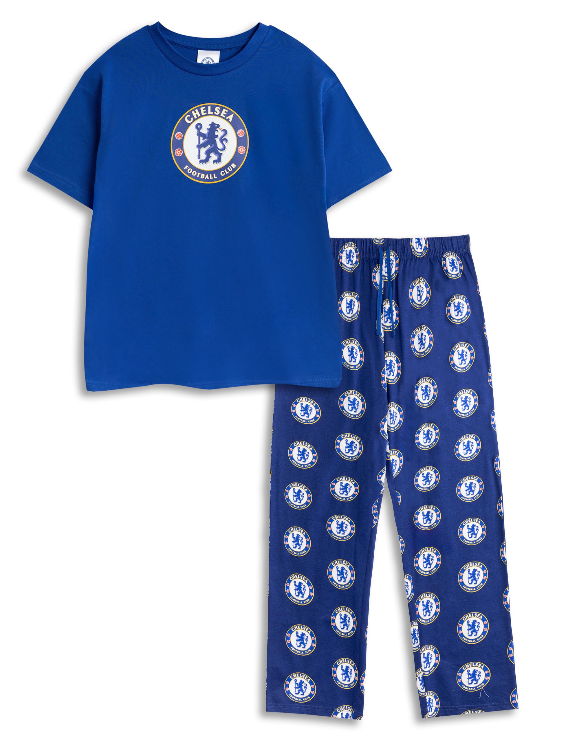 Chelsea Mens Blue Logo Short Sleeve Long Leg Pyjama Set | Classic Sleepwear | Sports Theme Nightwear for Relaxation & Bedtime | Comfortable Loungewear Merch